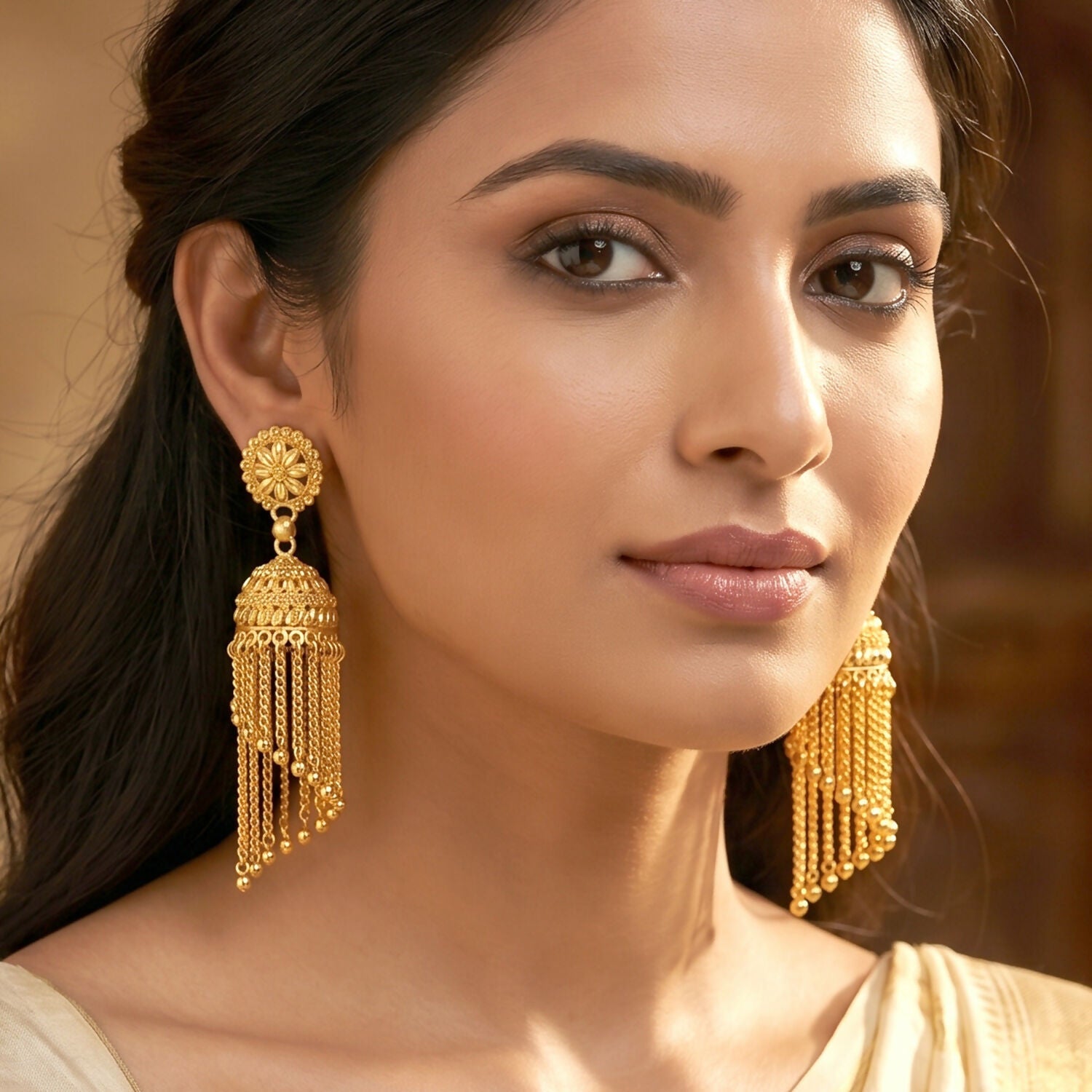 Elegant Golden Jhumka Earrings with Beaded Chain Tassels