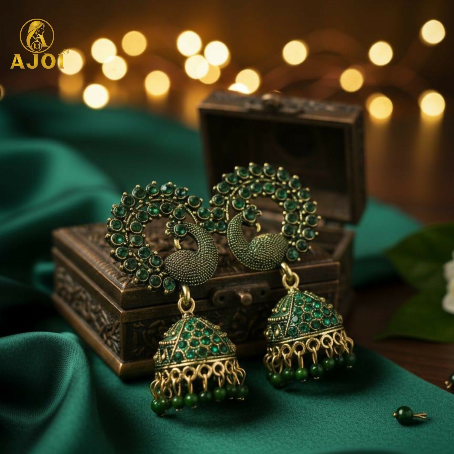 Traditional Peacock Design Green Stone Jhumka Earrings