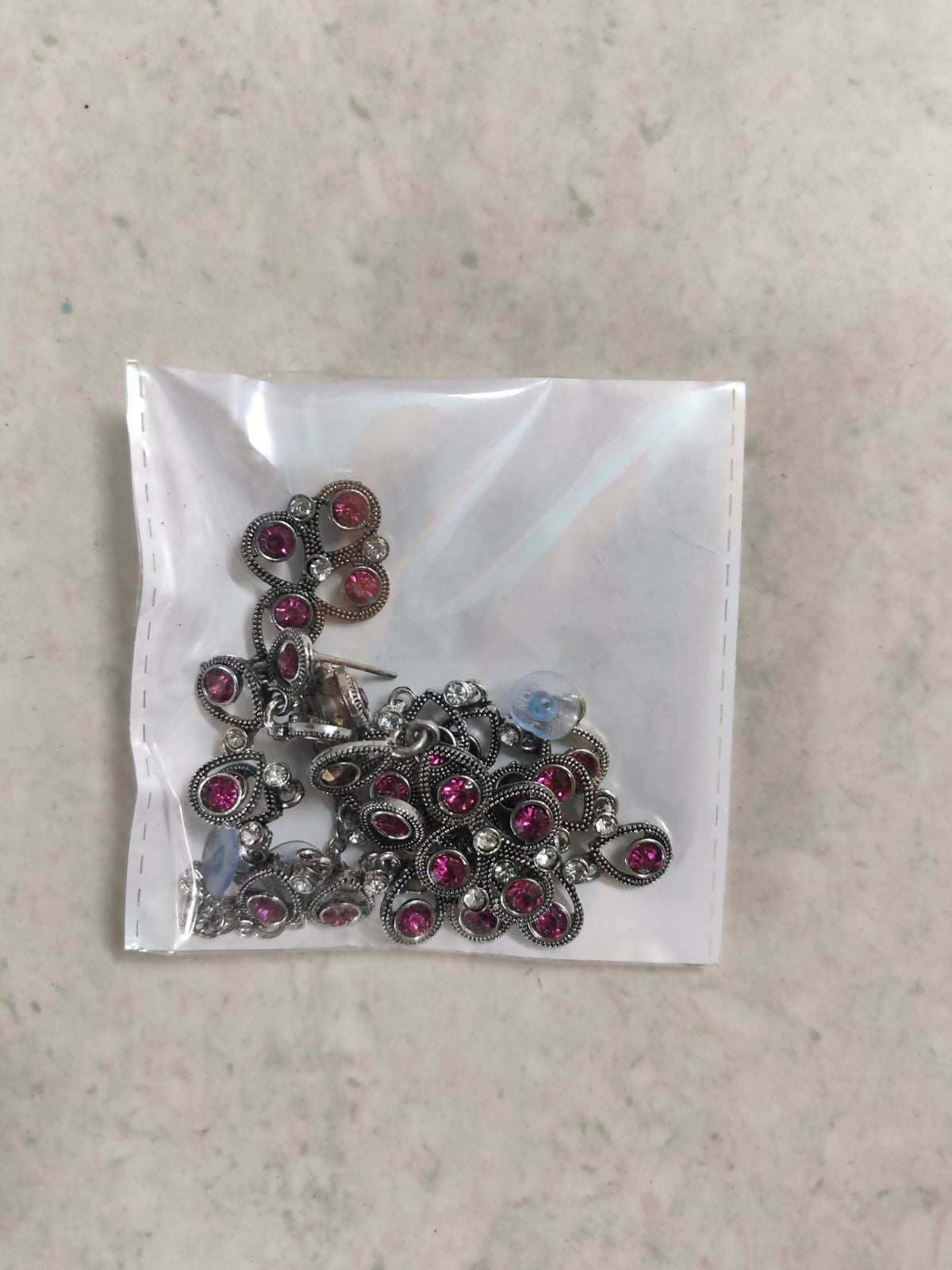 Antique Silver-Toned Choker Set with Fuchsia Pink Stones