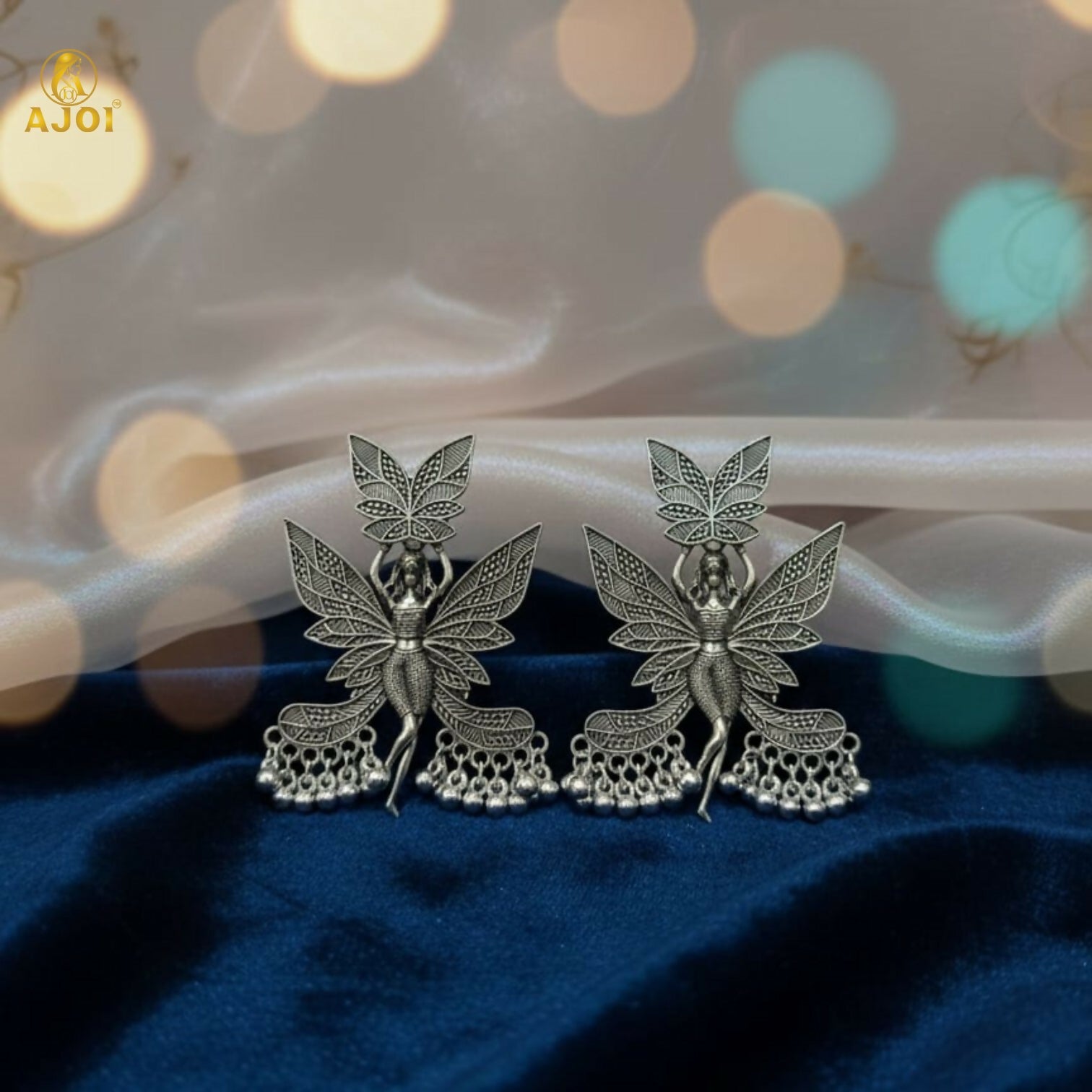 Enchanted Fairy Wing Oxidized Silver Statement Earrings with Dangling Beads