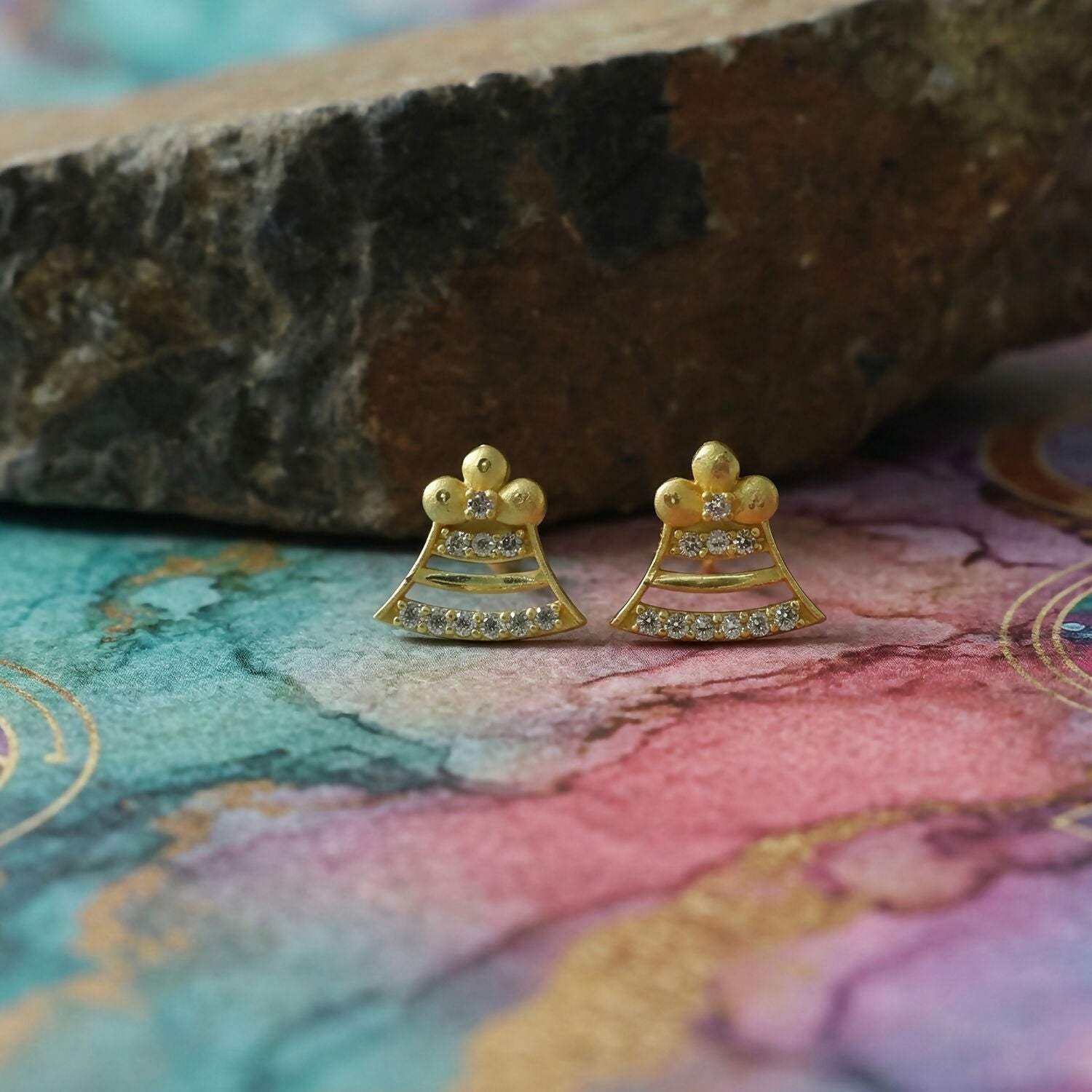 Square Floral Gold Stud Earrings with Crystal Leaf Design