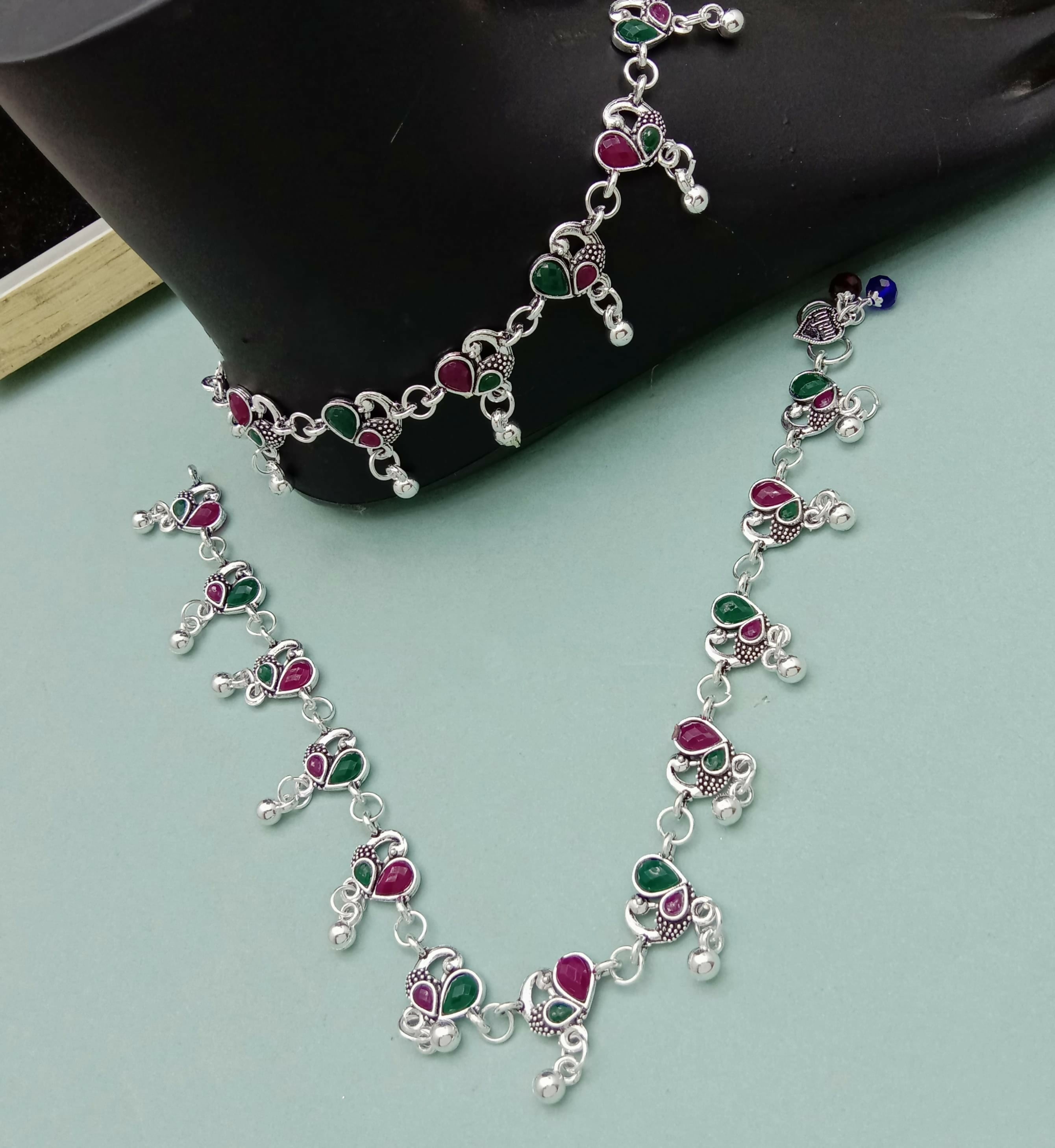 Traditional Silver Anklet with Red–Green Stones