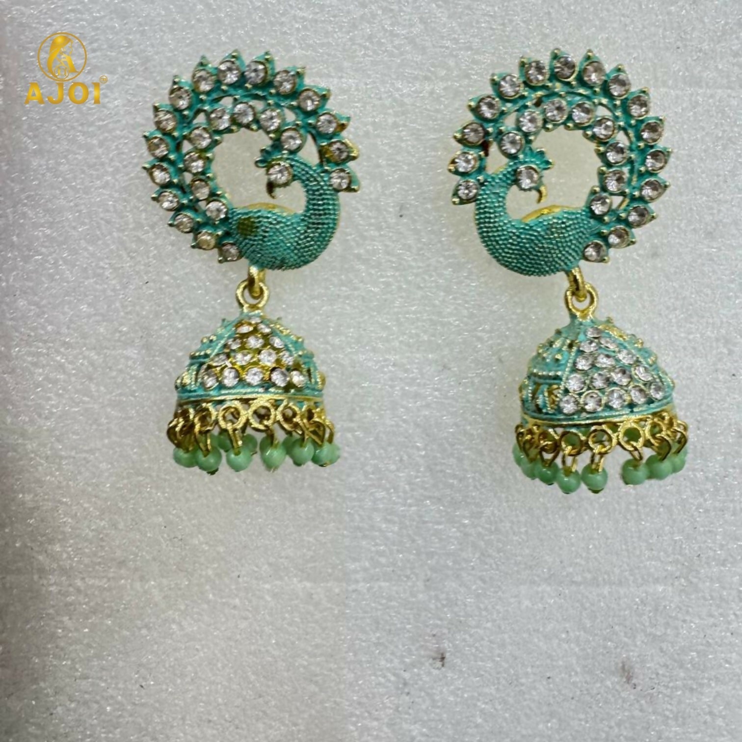 Mint Green Peacock Stone Jhumka Earrings