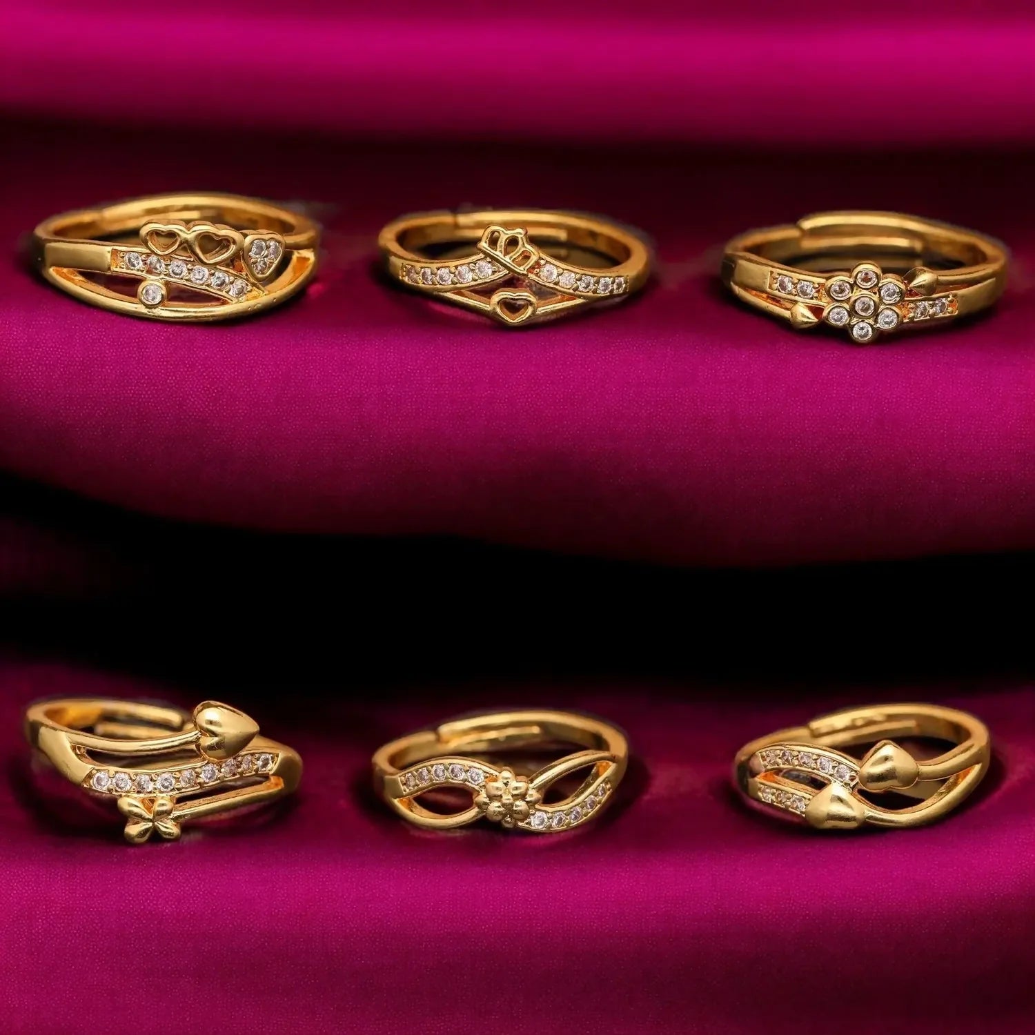 Elegant Finger Ring Set for Women, Made of Brass with Diamond Detailing Gold Plating (Pack of 6)