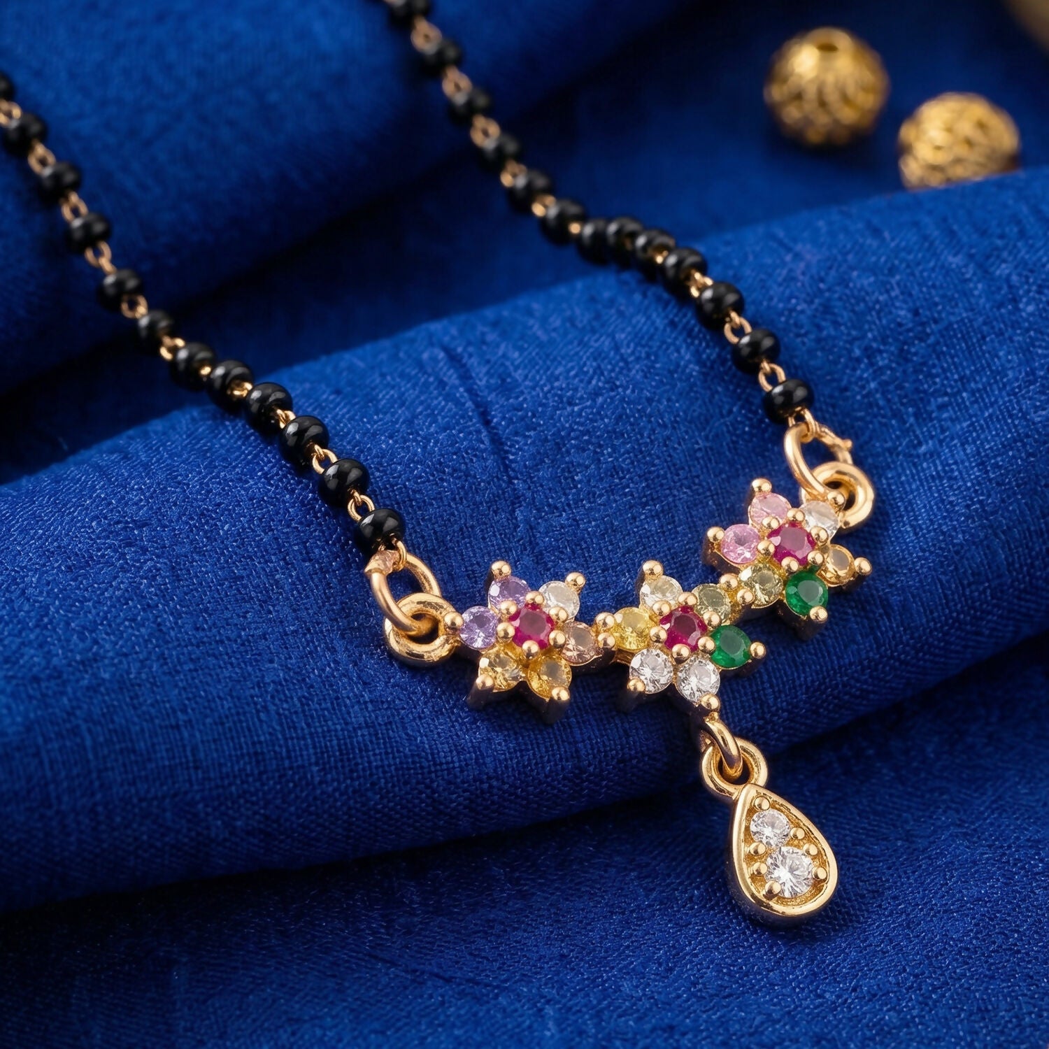 Multicolor Floral Stone Mangalsutra with Hanging Drop Pendant