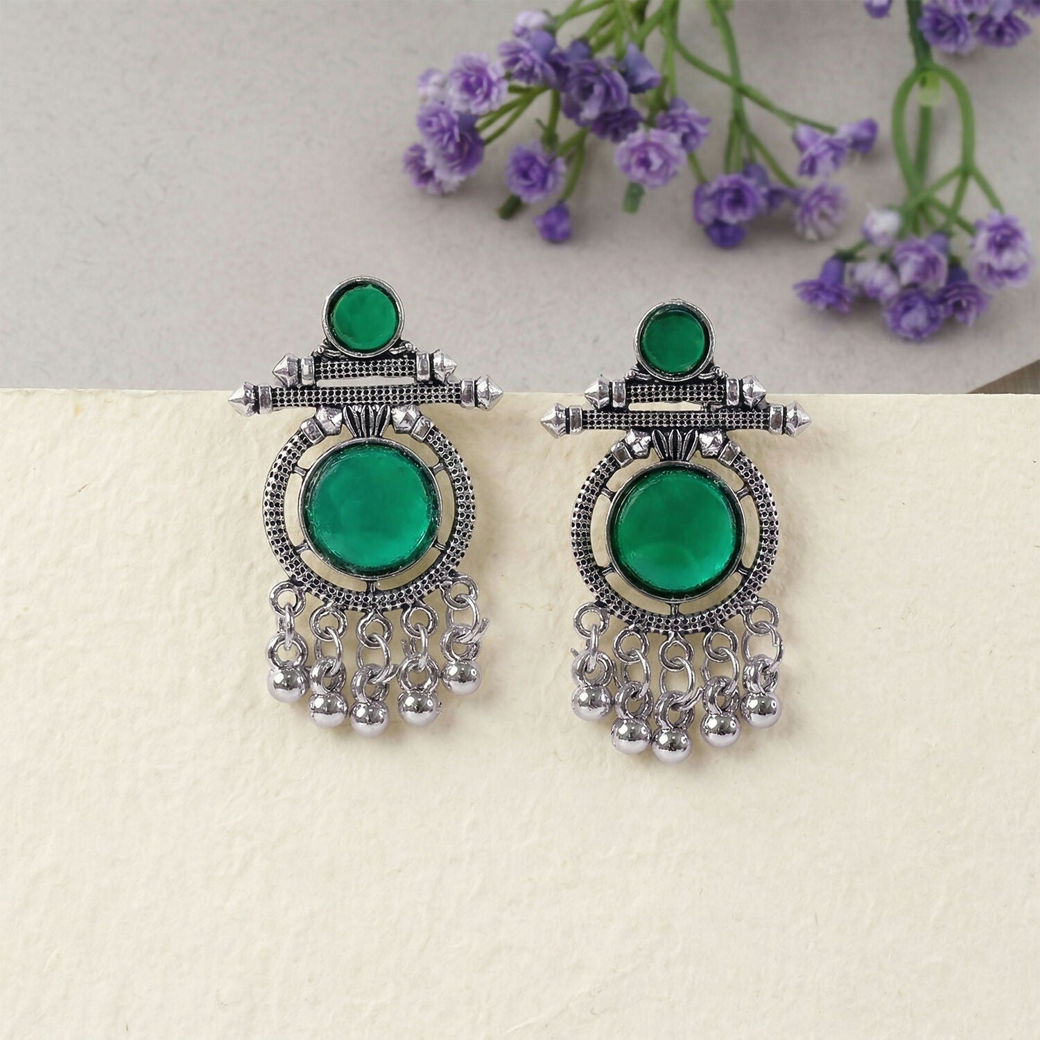 German Silver Green Stone Drop Earrings for Women | Festive & Party Wear Jewelry