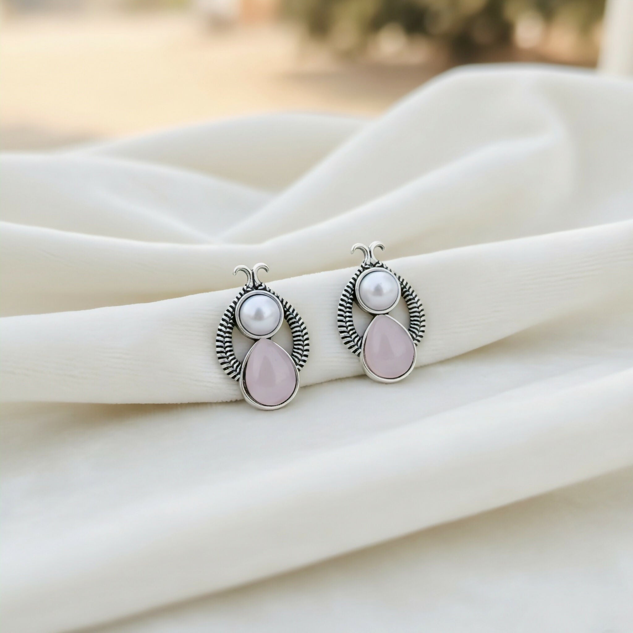 The Rose & Pearl Duet: Vintage-Finish Silver Drop Studs earrings