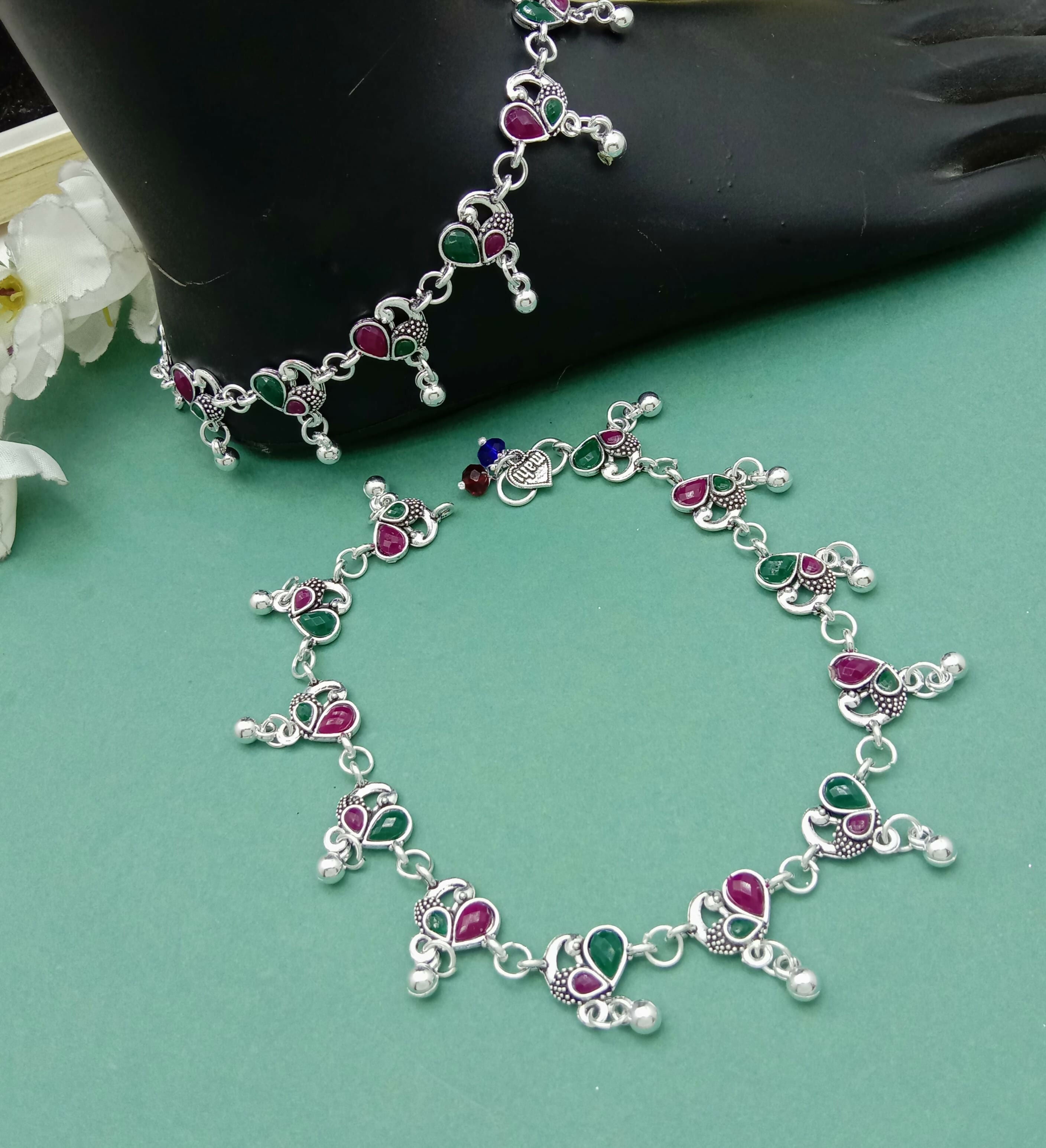 Traditional Silver Anklet with Red–Green Stones