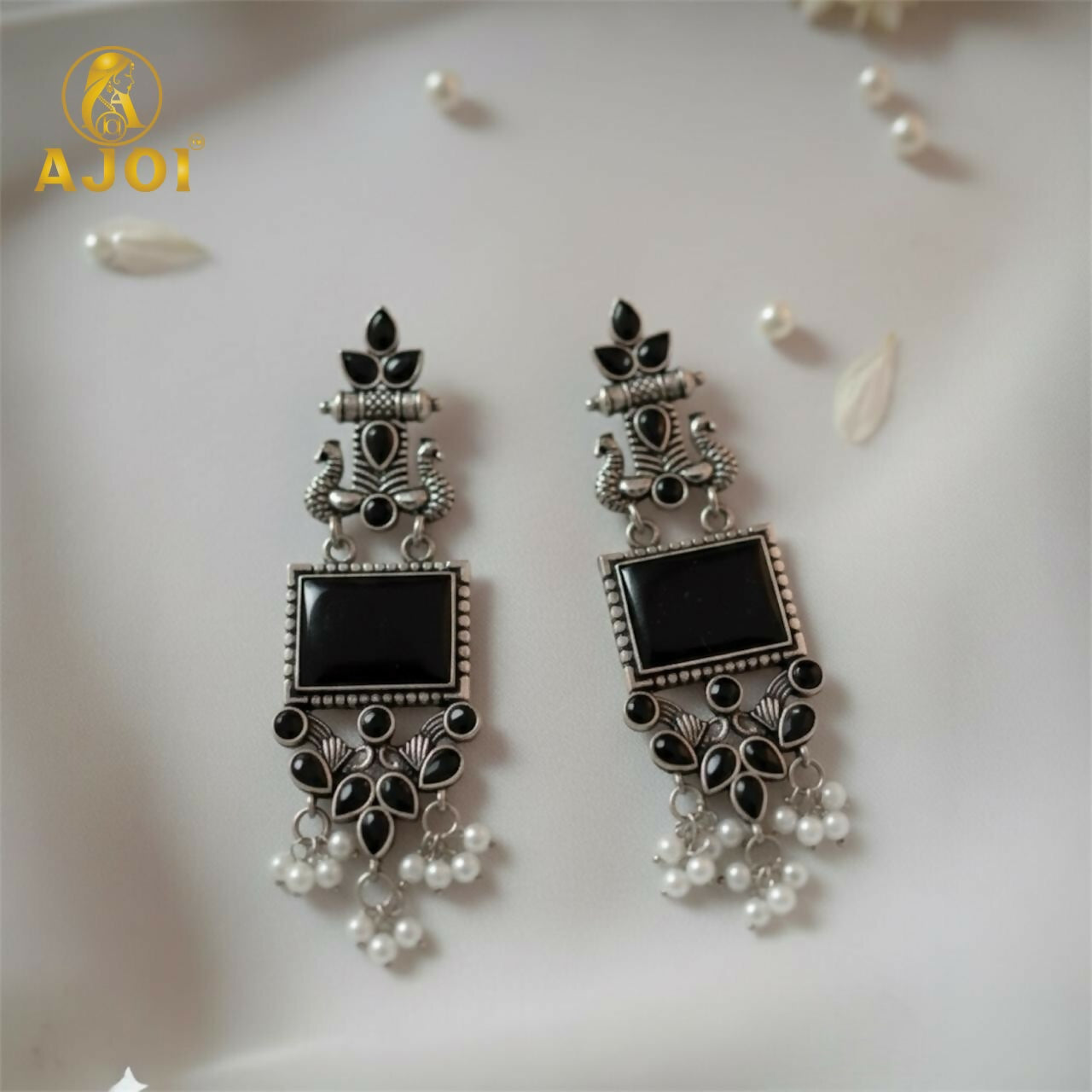 Antique Black Square Stone Oxidised Silver Ethnic Earrings with Pearl Drops | Antique Temple-Style Statement Earrings for Women & Girls