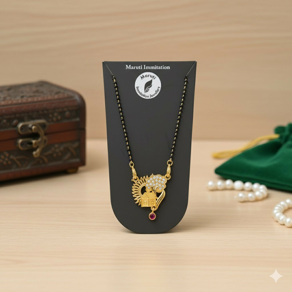 Gold-Tone Traditional Mangalsutra with Peacock-Inspired Stone Pendant