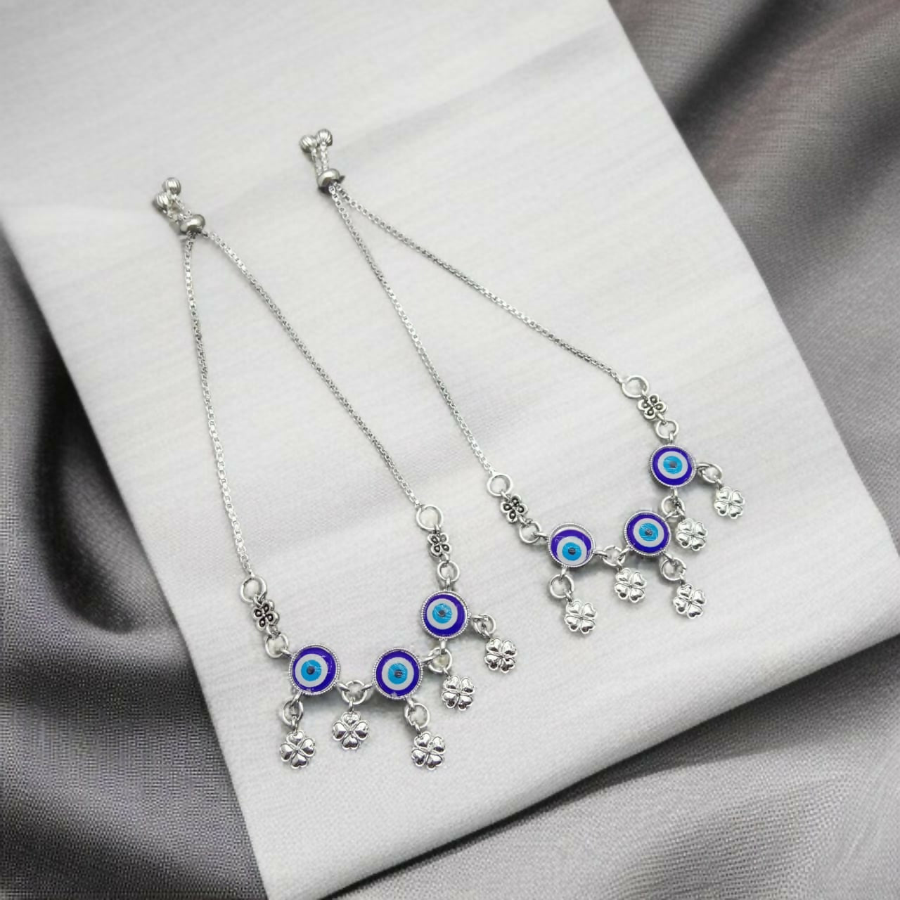 Evil Eye & Four-Leaf Clover Charm Adjustable Silver Anklets