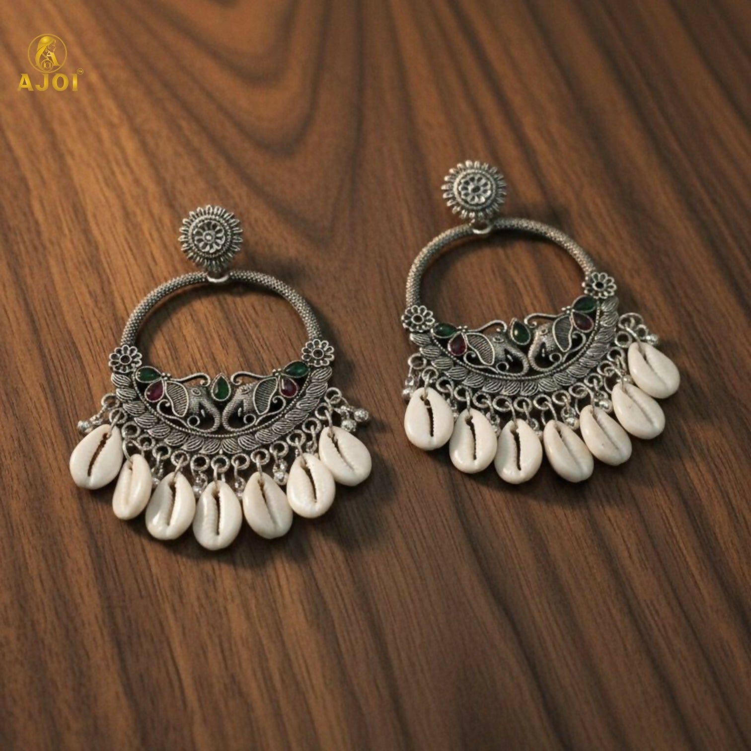 Royal Elephant Oxidized Silver Shell Chandbali Earrings with Handcrafted Motifs