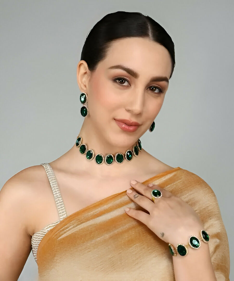 Emerald Green Crystal Statement Jewelry Set – Necklace, Earrings, Bracelet & Ring