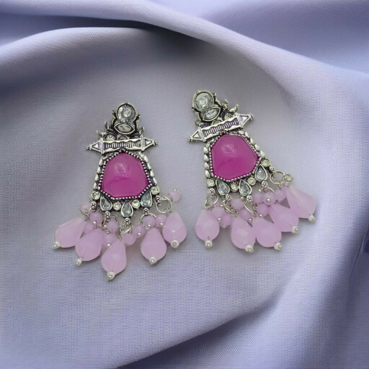 German Silver Oxidized Earrings with Fuchsia Stones & Pastel Drops