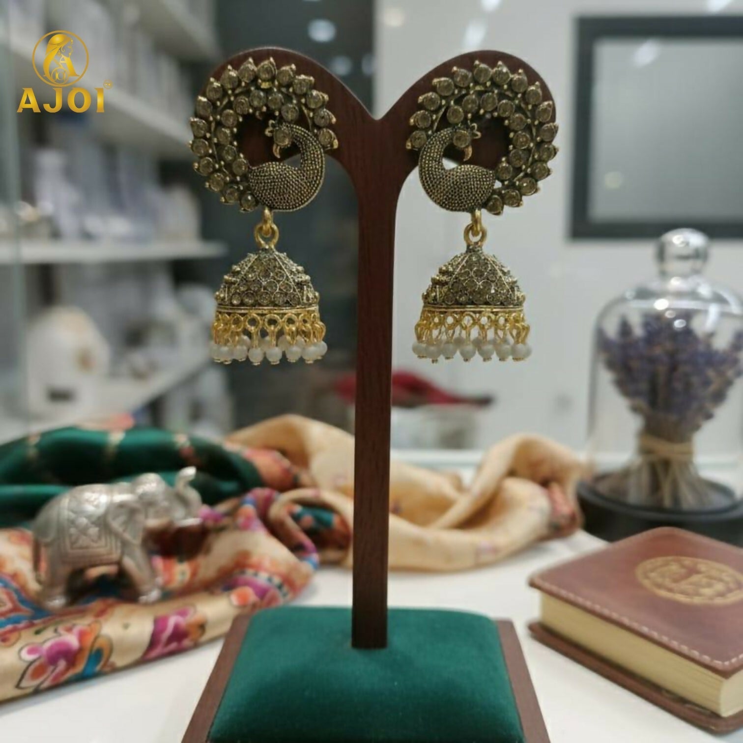 Antique Grey Peacock Design Jhumka Earrings
