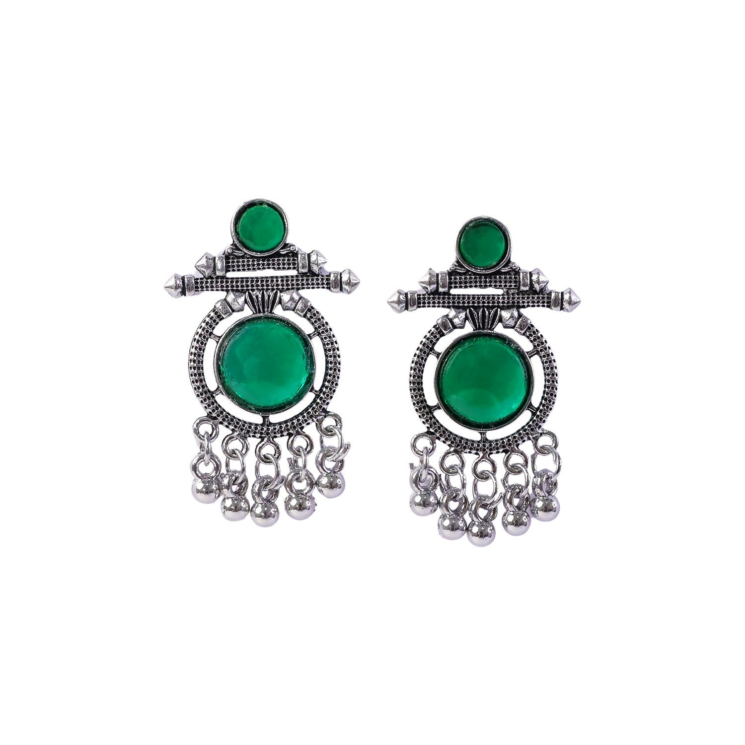 German Silver Green Stone Drop Earrings for Women | Festive & Party Wear Jewelry