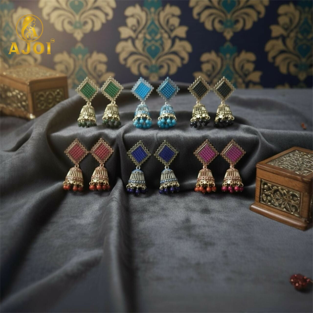 Trendy Oxidised Jhumki Earrings with Designer Square Tops (PACK OF 6)