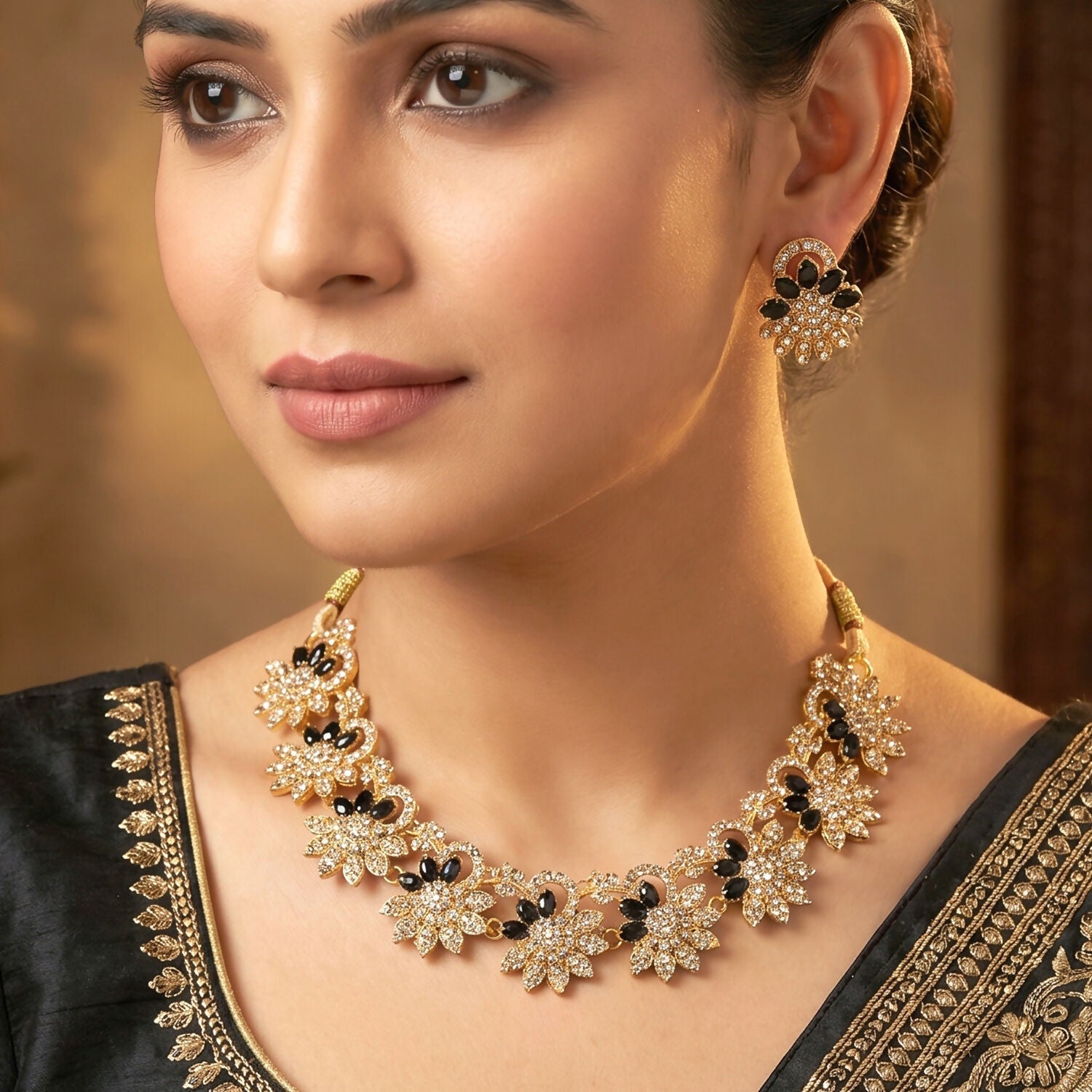 Title: Elegant Gold Plated Necklace & Earrings Set with Black Stones