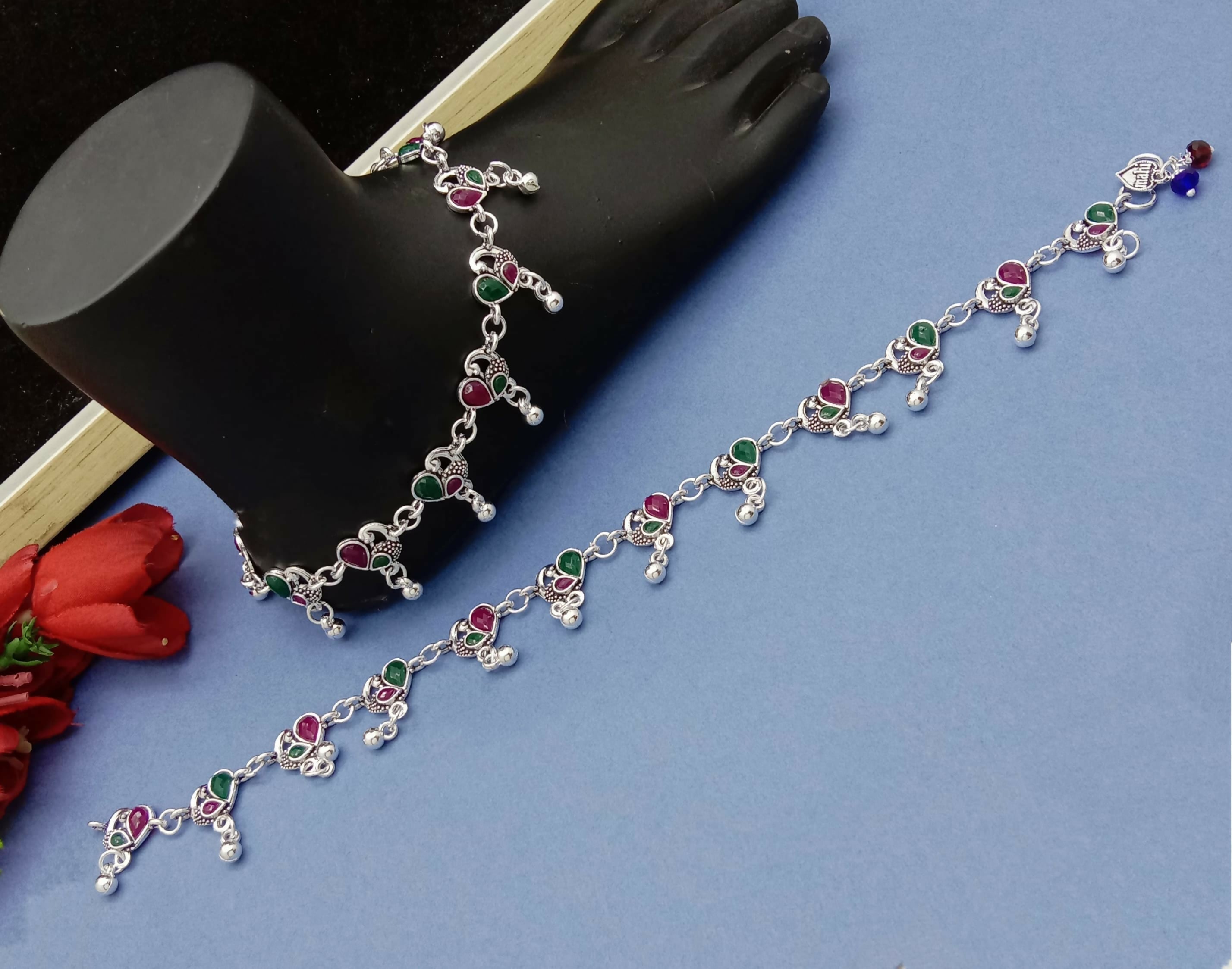 Traditional Silver Anklet with Red–Green Stones