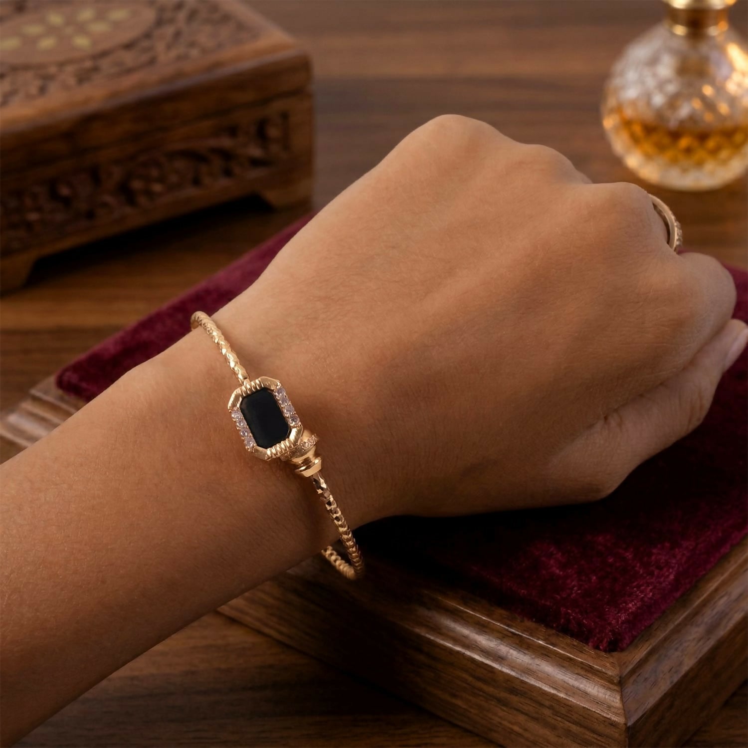 Gold Plated Black Stone Designer Open Bangle Bracelet for Women