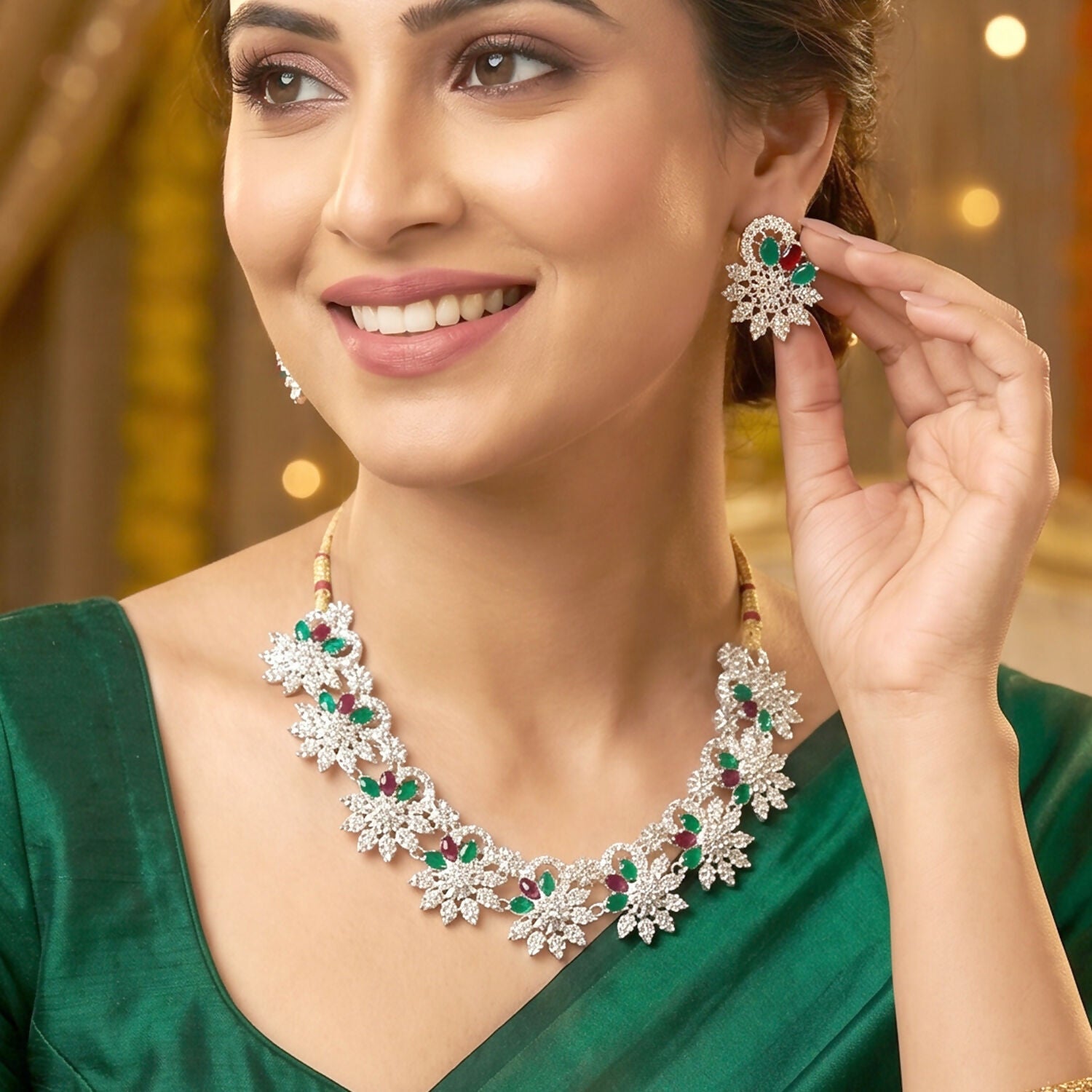 Elegant Red and Green Floral Necklace Set with Earrings for Traditional Wear