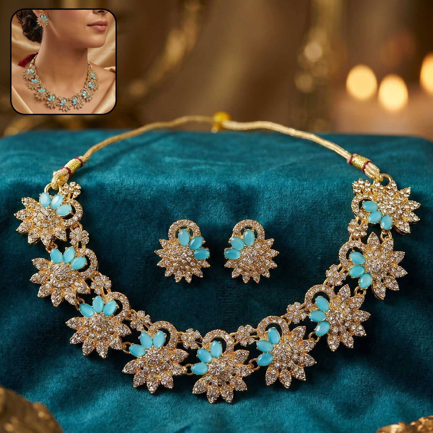 Luxurious Blue Floral Necklace Set with Earrings for Celebrations