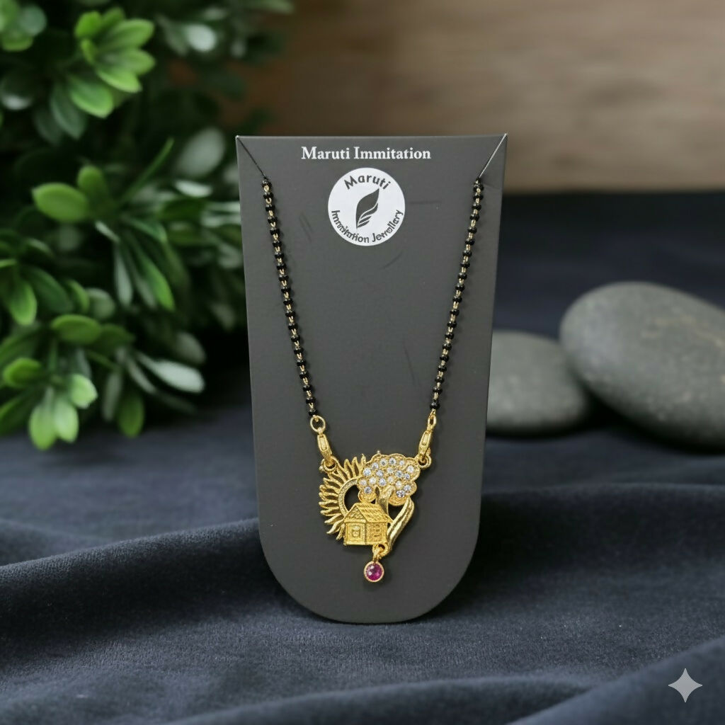 Gold-Tone Traditional Mangalsutra with Peacock-Inspired Stone Pendant