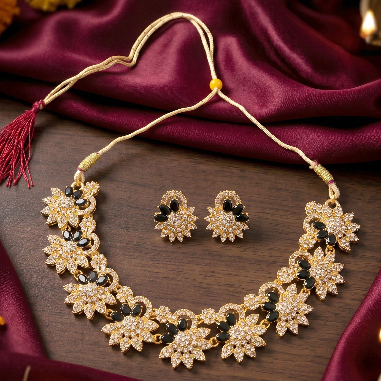 Title: Elegant Gold Plated Necklace & Earrings Set with Black Stones