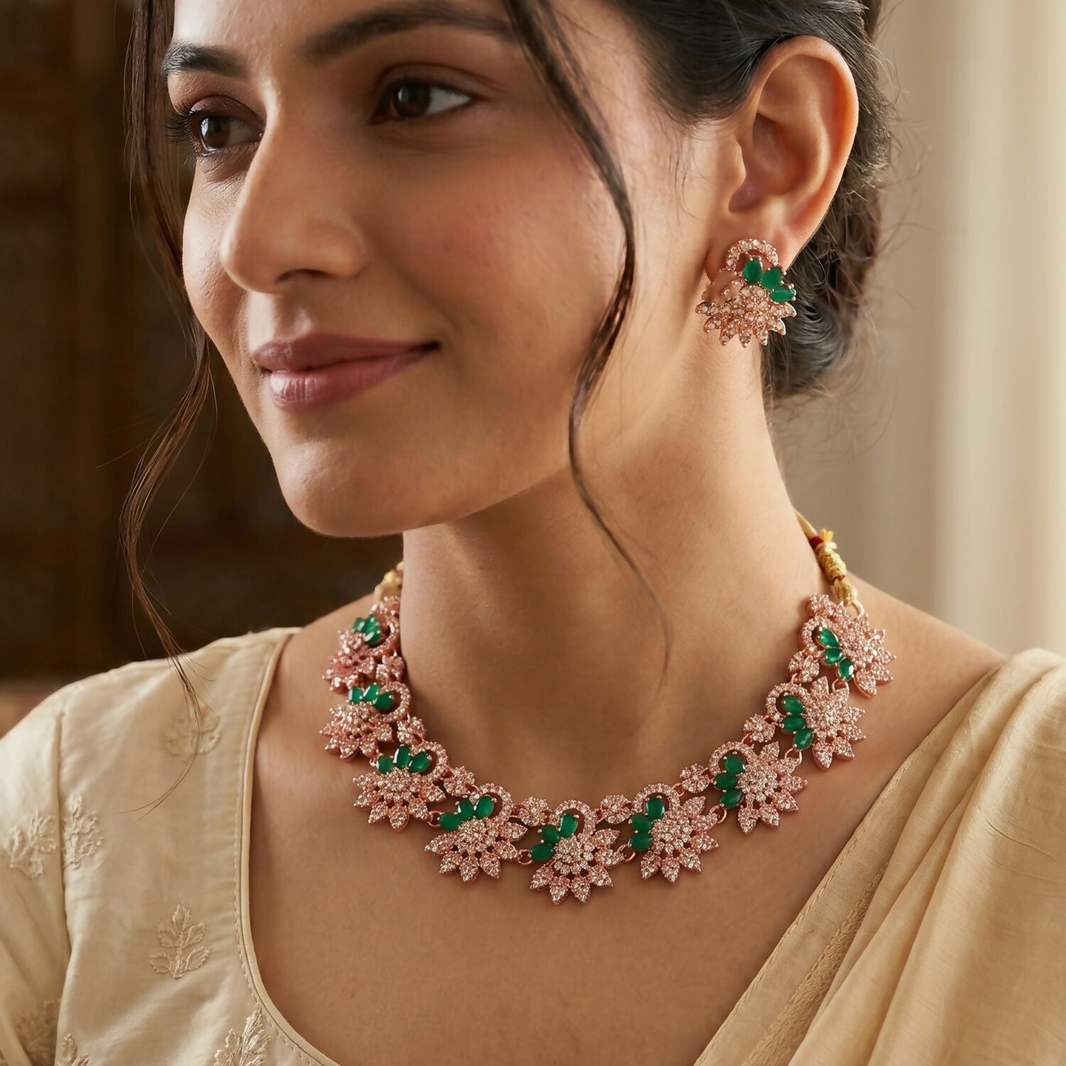 Rose Gold Floral Necklace & Earrings Set with Green Stones