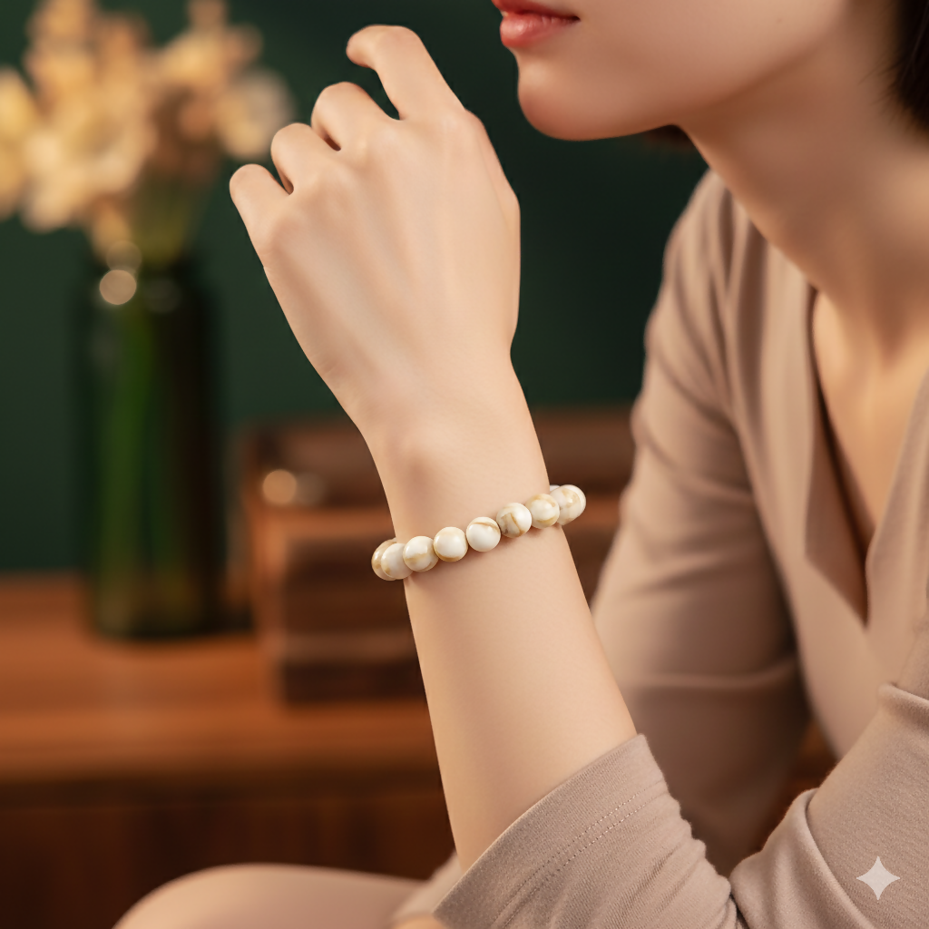 White & Beige Marble Finish Beaded Elastic Bracelet
