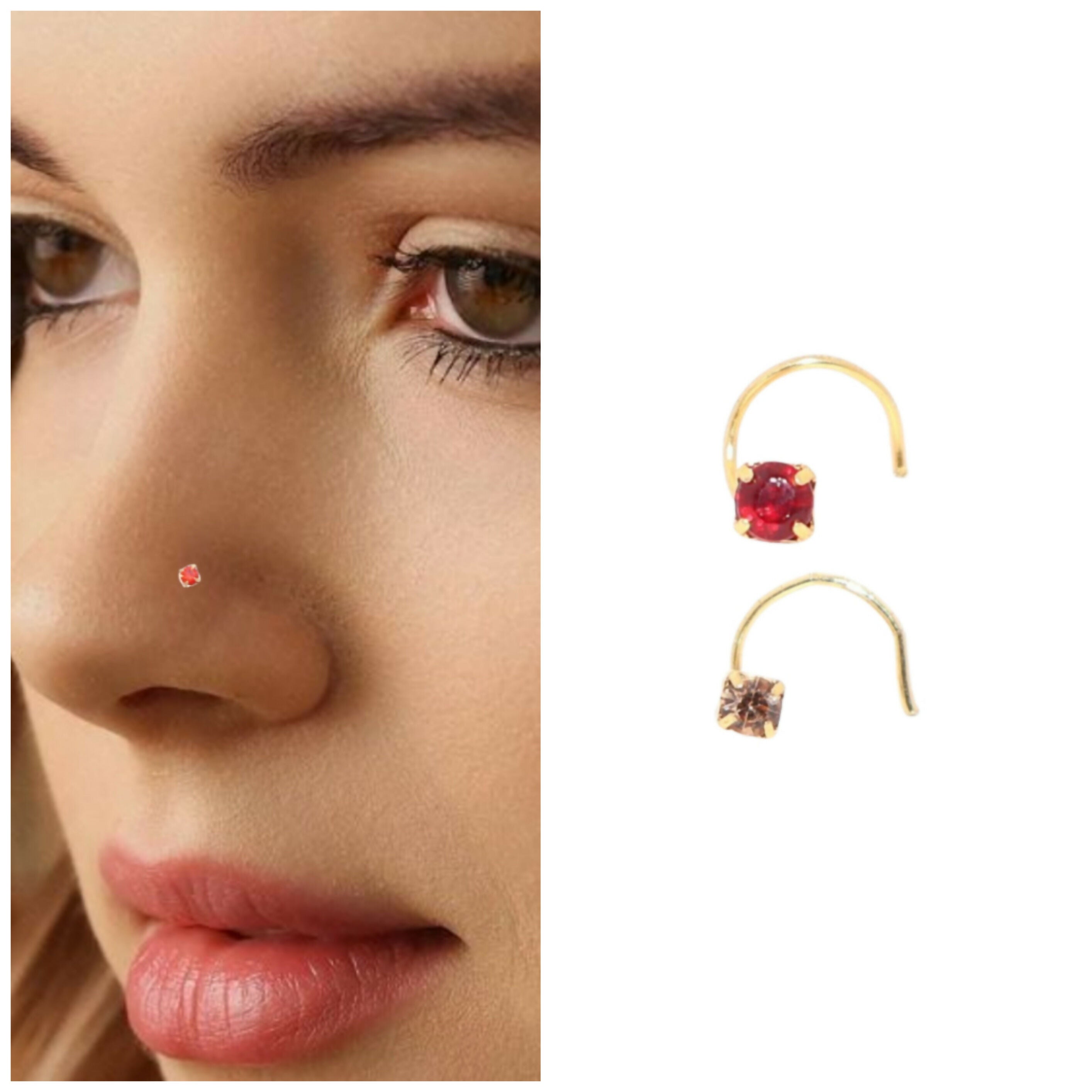 Gold Plated Ruby & Champagne Crystal Nosepin kati Combo Pack of 2