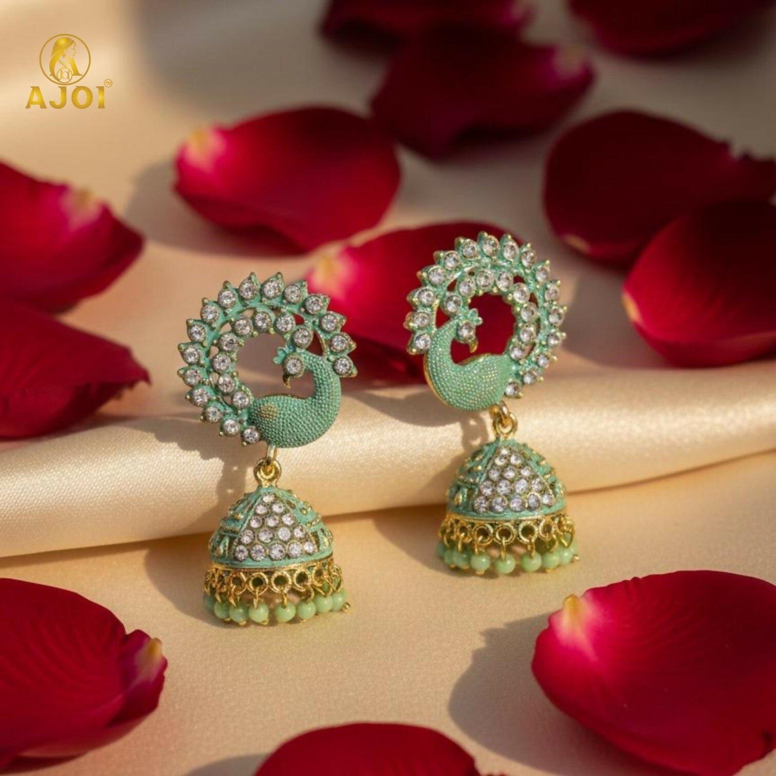 Mint Green Peacock Stone Jhumka Earrings