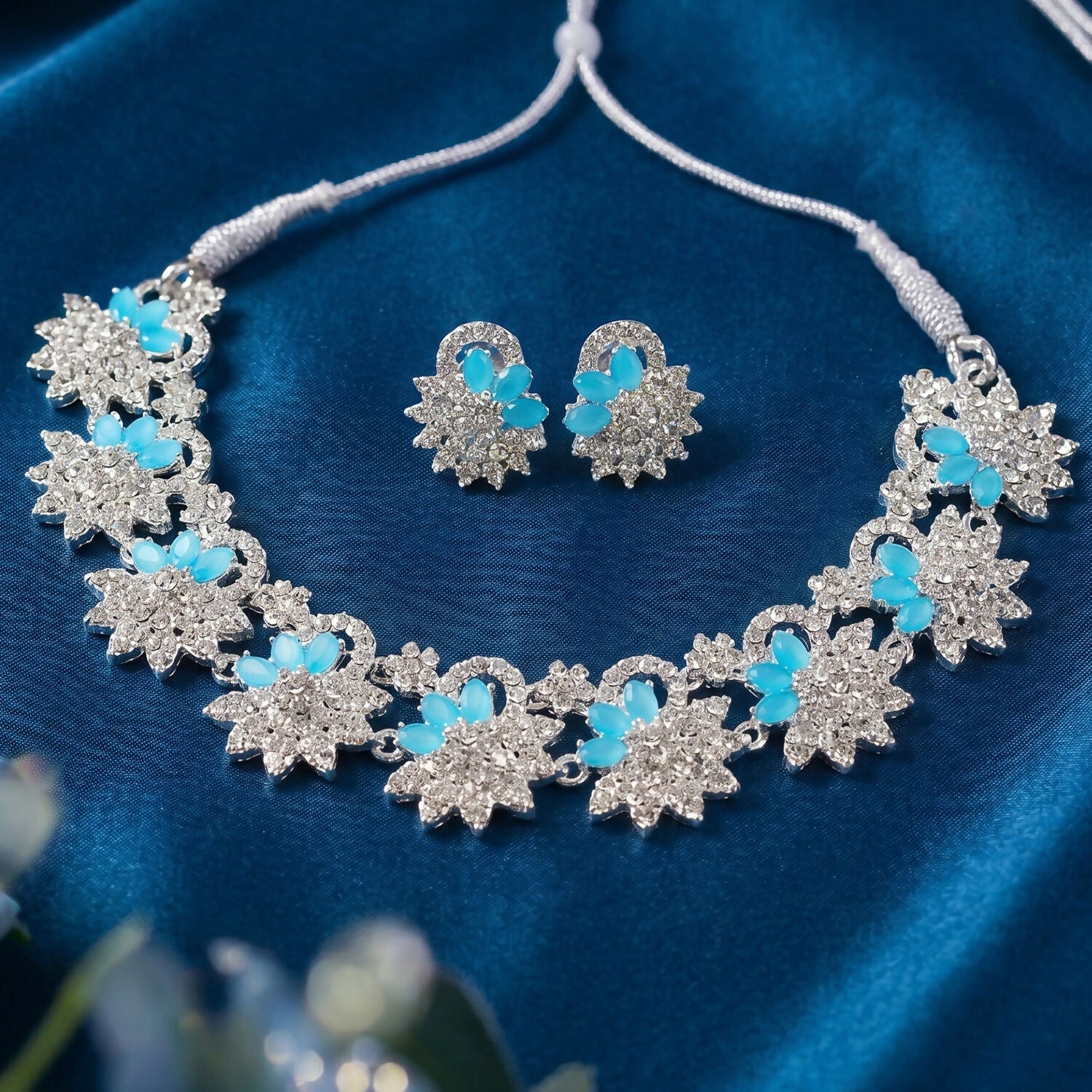 Elegant Silver-Plated Necklace Set with Earrings and Blue Gemstones