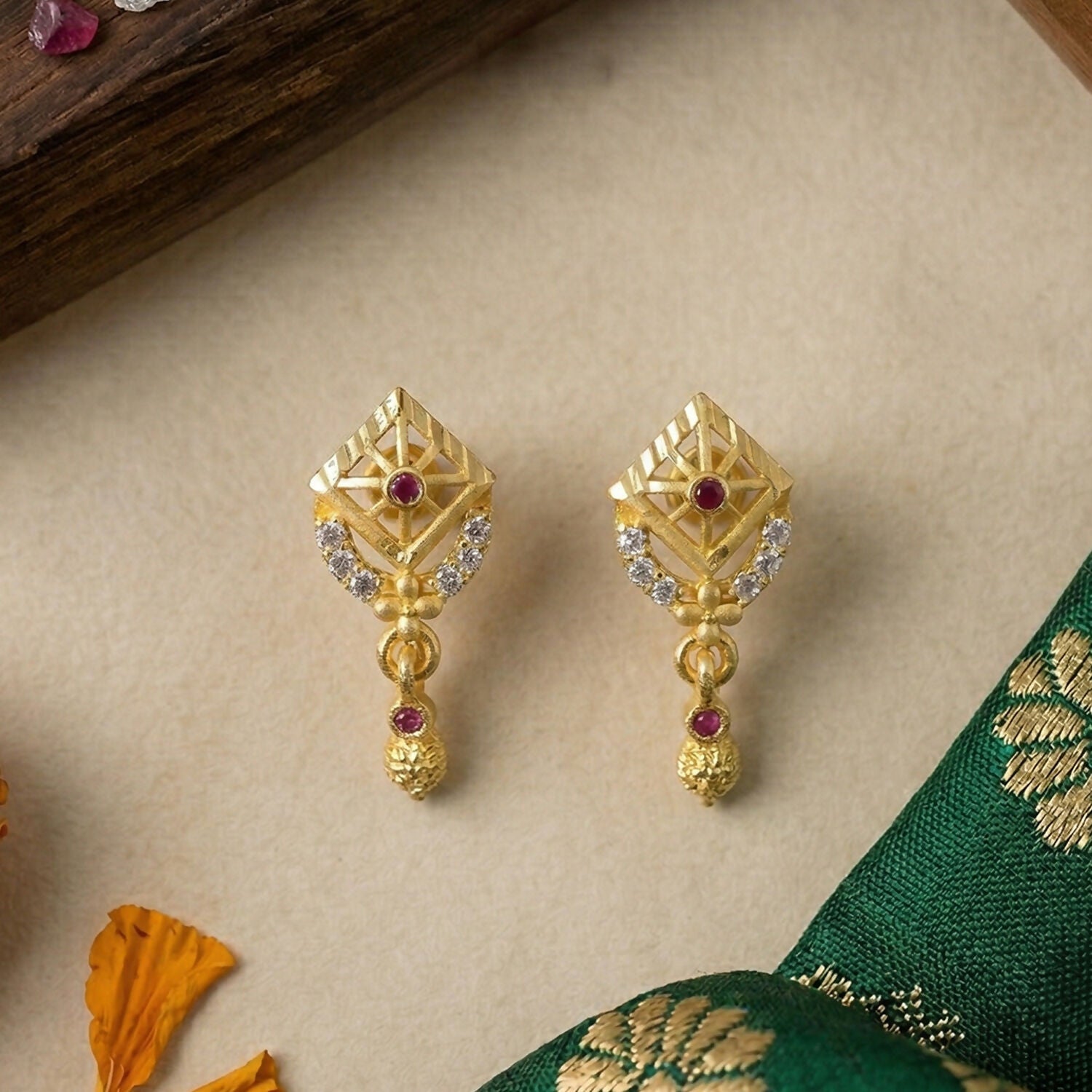 Classic Leaf Pattern Gold Plated Drop Earrings for Ethnic Wear