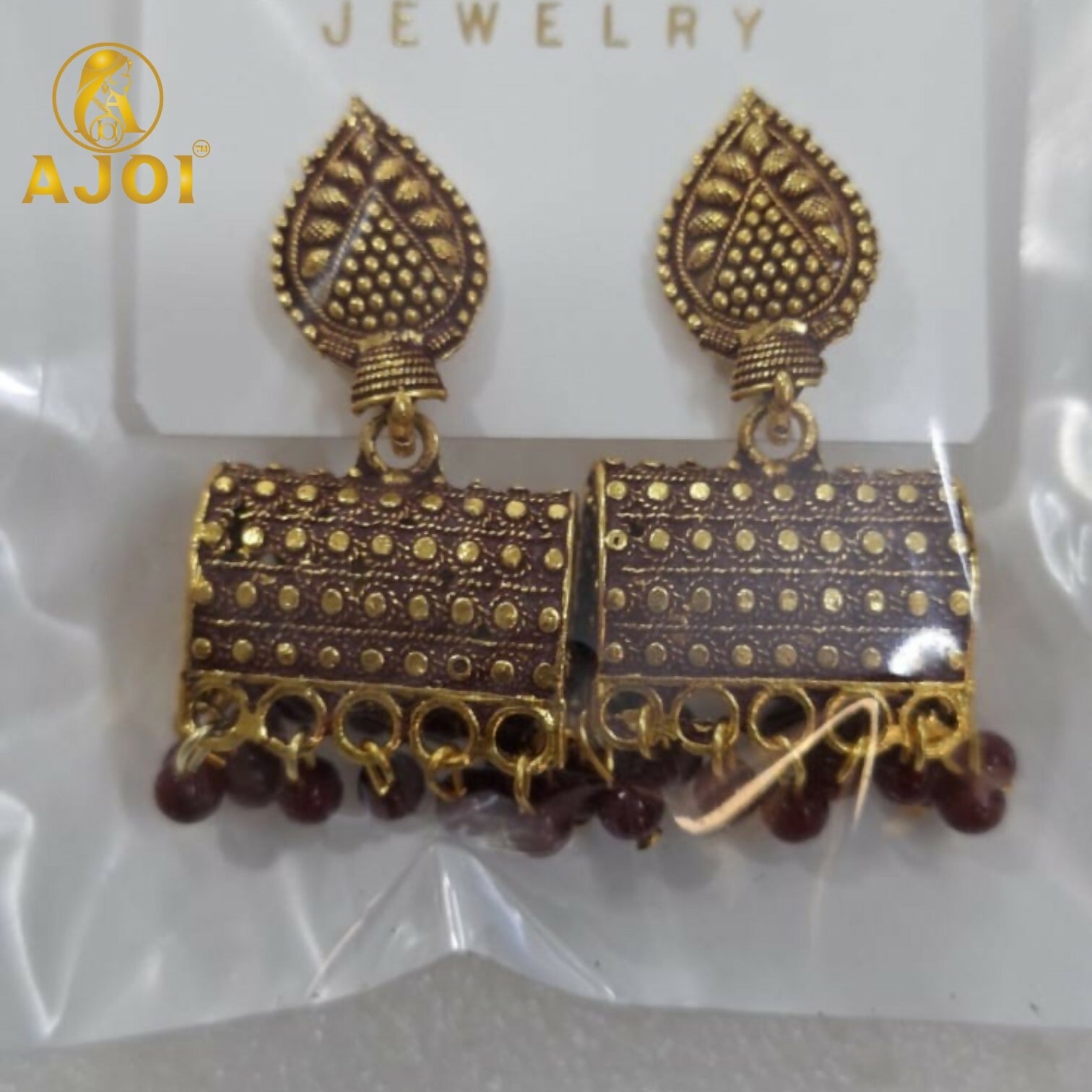 Antique Gold-Plated Leaf Design Jhumka Earrings with Blue Beads