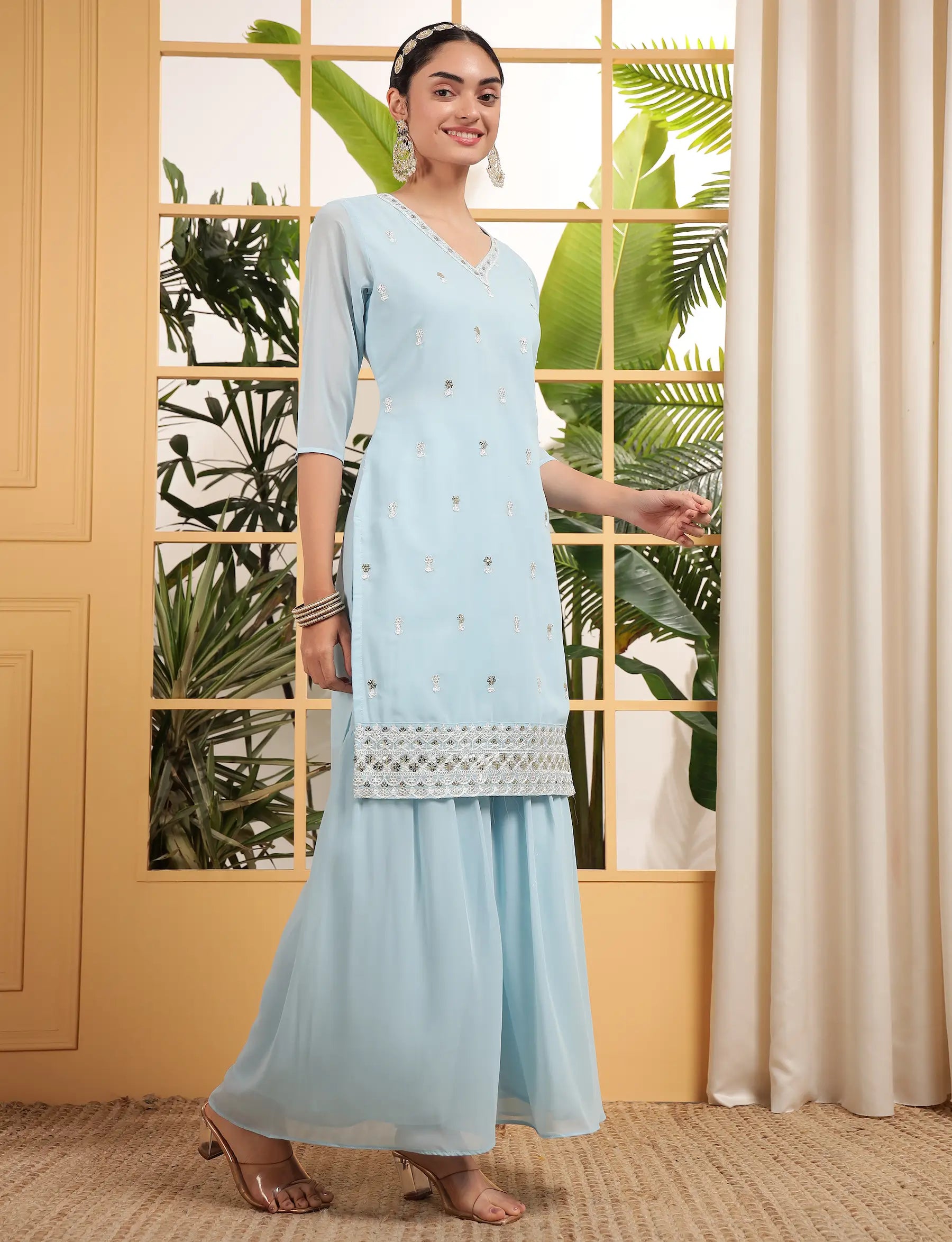 Sky Blue Georgette Salwar Suit With Sequence Embroidery Work