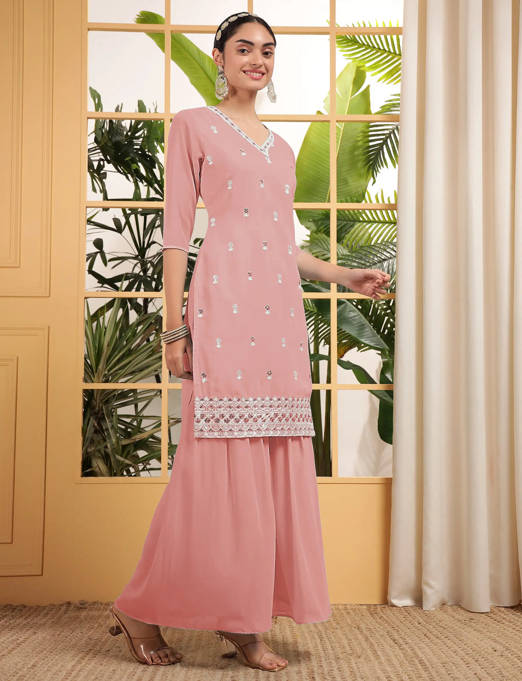 Peach Georgette Salwar Suit With Sequence Embroidery Work