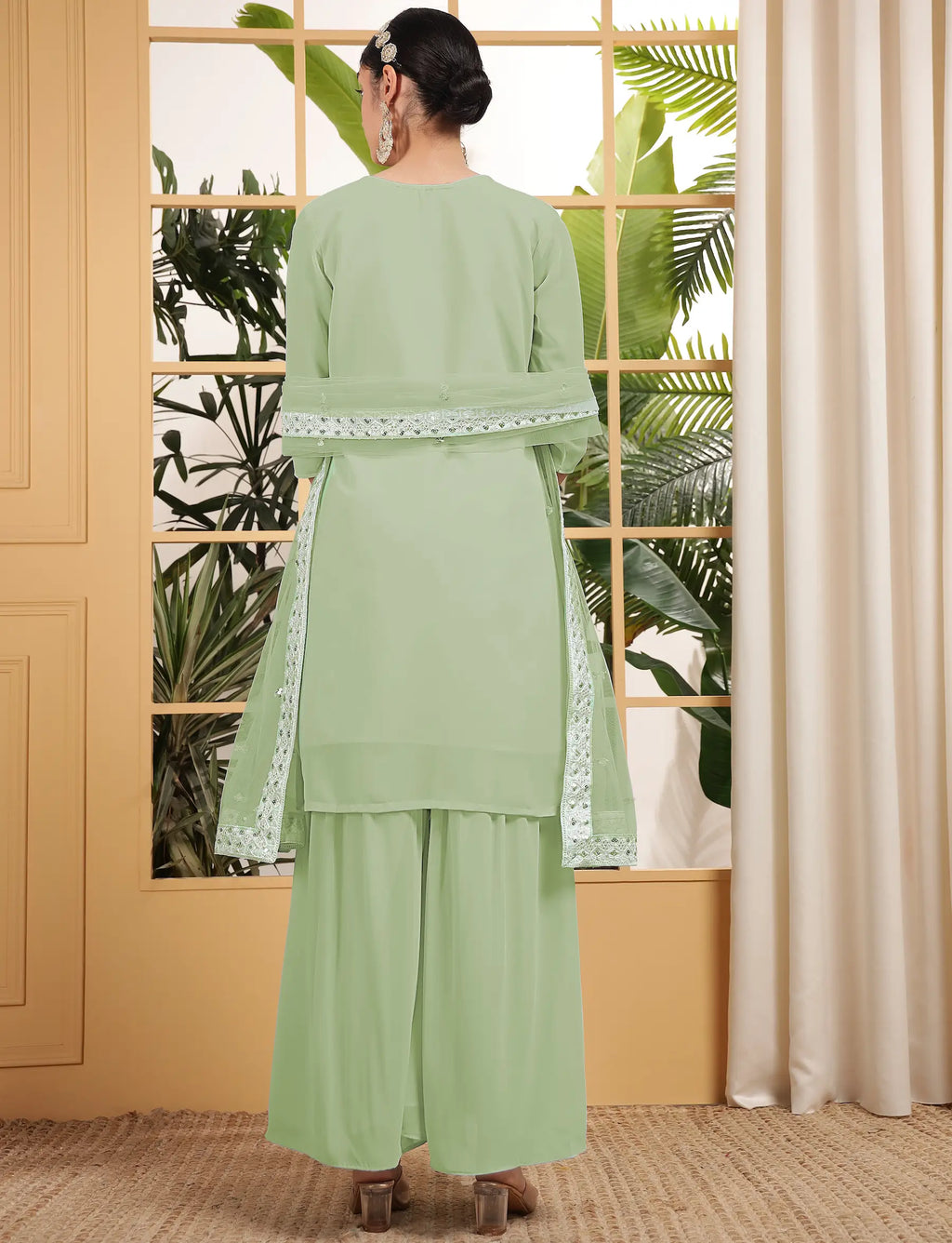 Pista Green Georgette Salwar Suit With Sequence Embroidery Work