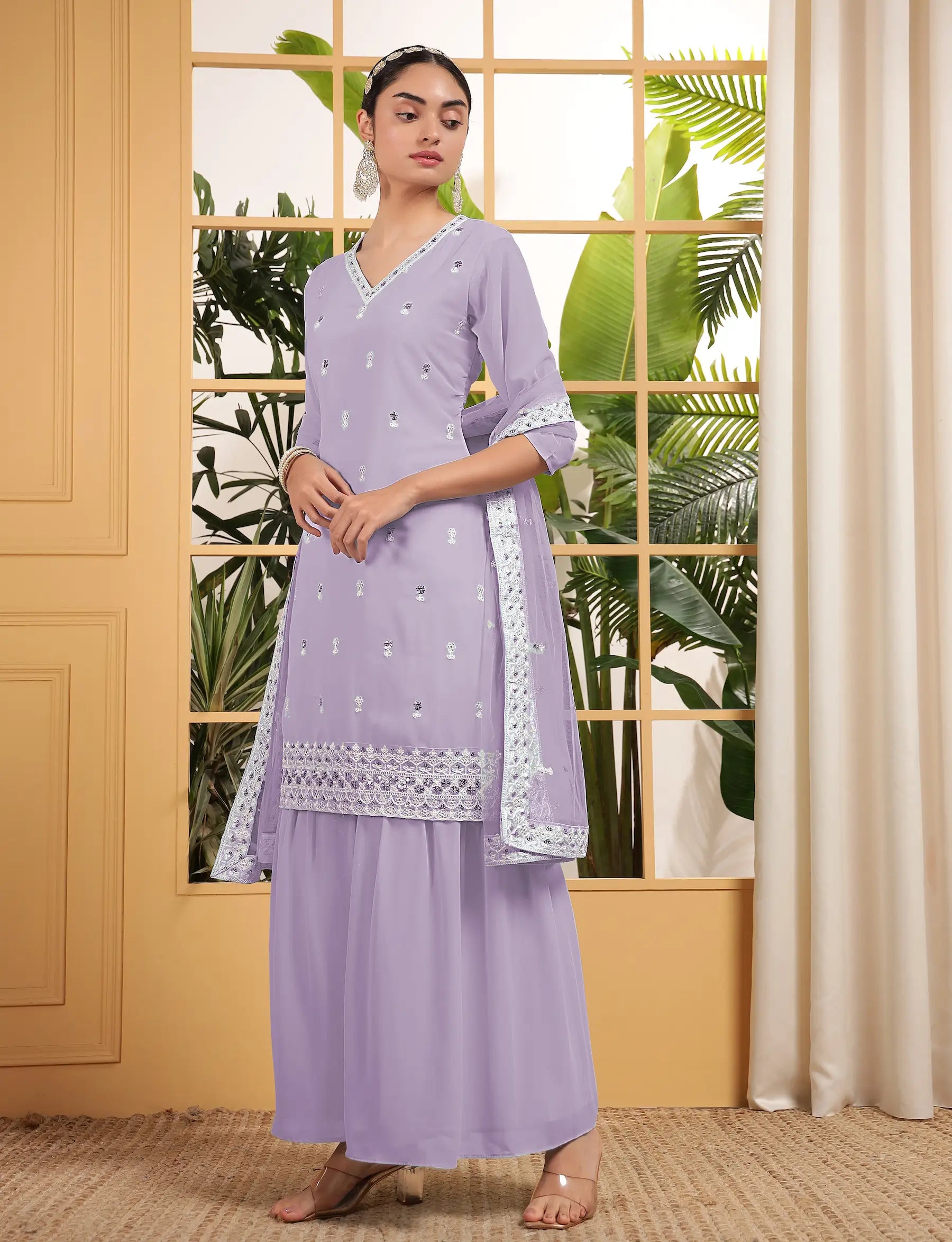 Lavender Georgette Salwar Suit With Sequence Embroidery Work