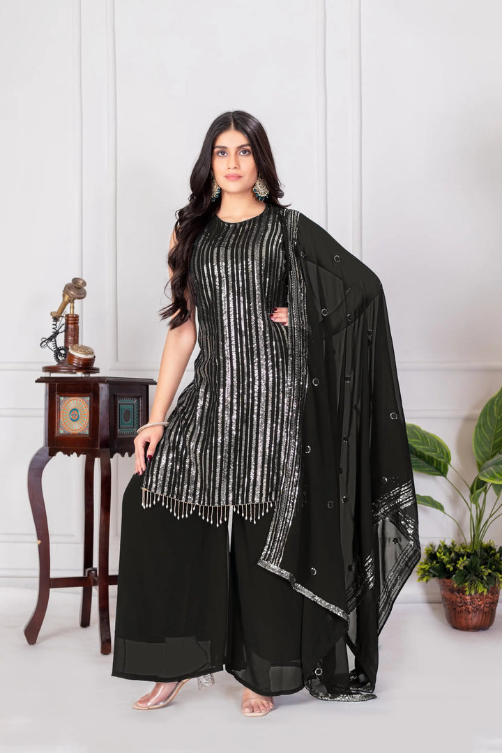 Black Georgette Sequence Embroidery Work Palazzo Salwar Suit - qivii