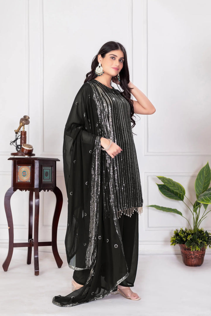 Black Georgette Sequence Embroidery Work Palazzo Salwar Suit - qivii