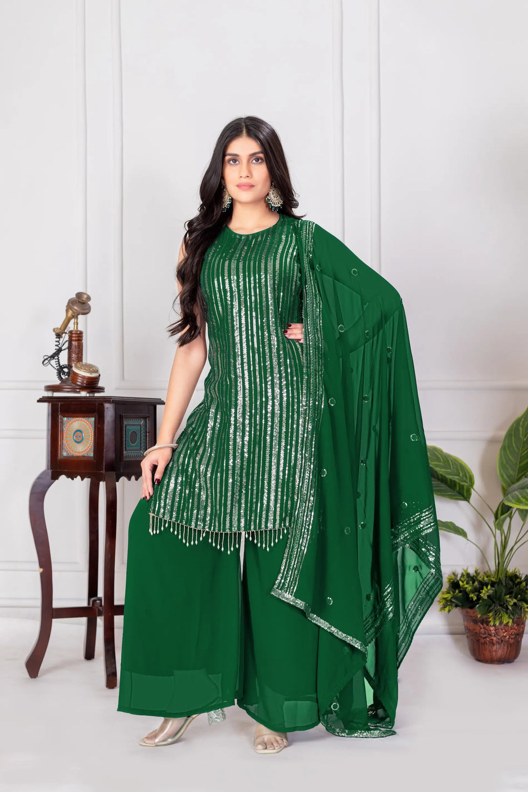 Green Georgette Sequence Embroidery Work Palazzo Salwar Suit - qivii