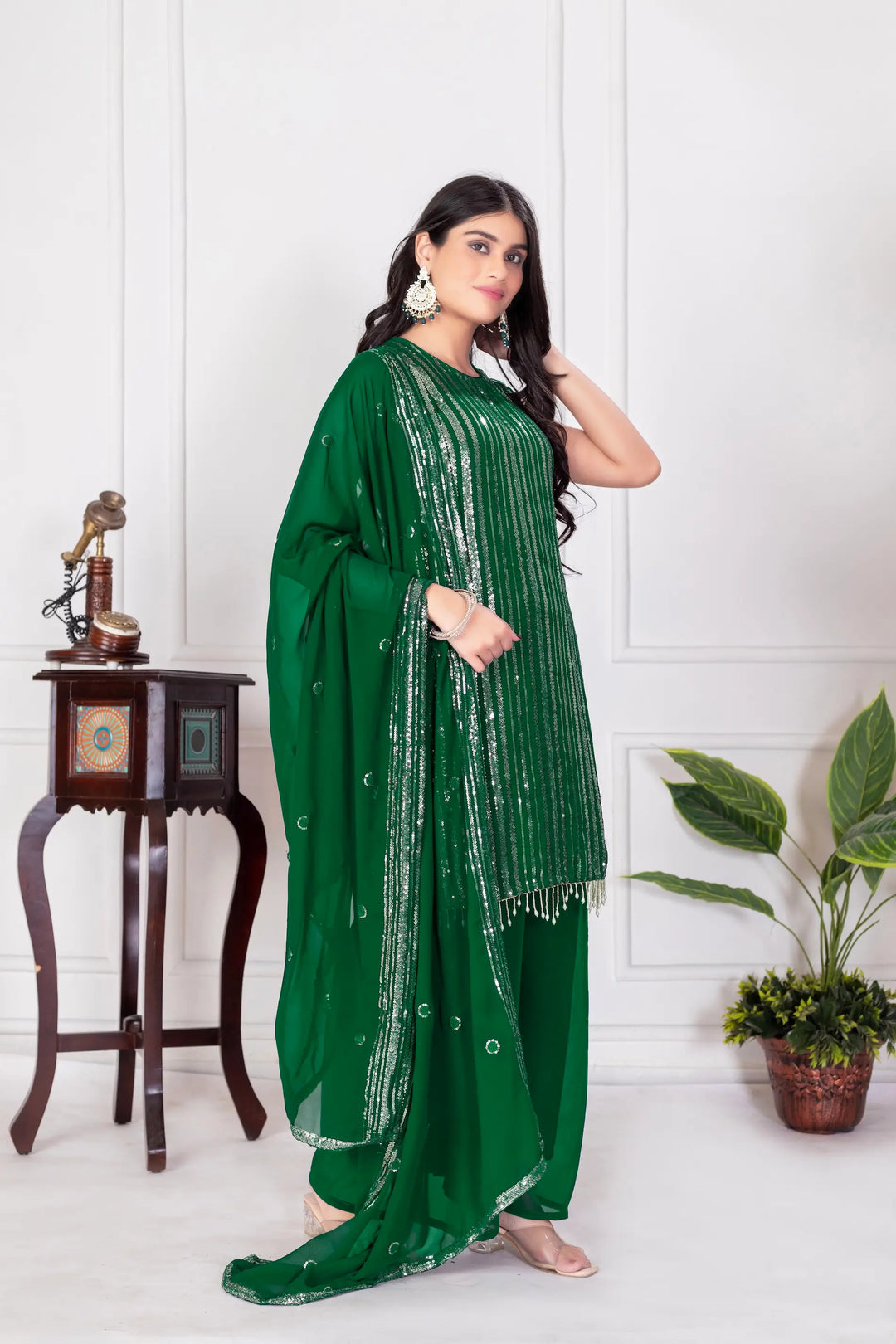 Green Georgette Sequence Embroidery Work Palazzo Salwar Suit - qivii