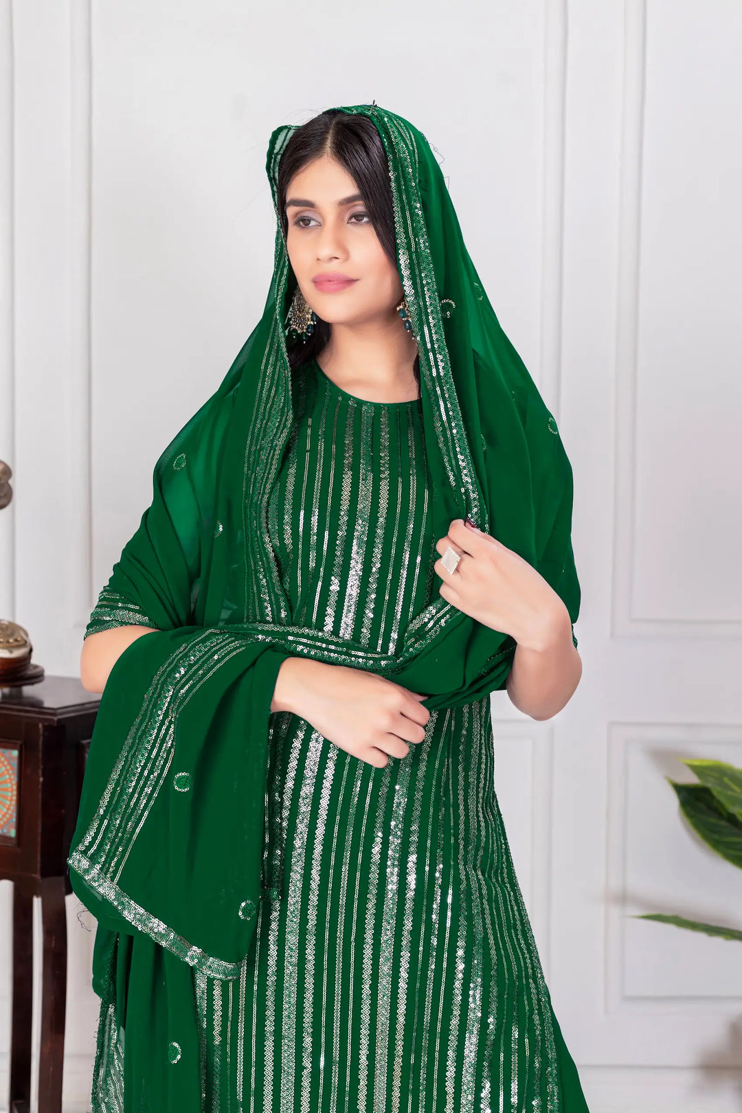 Green Georgette Sequence Embroidery Work Palazzo Salwar Suit - qivii