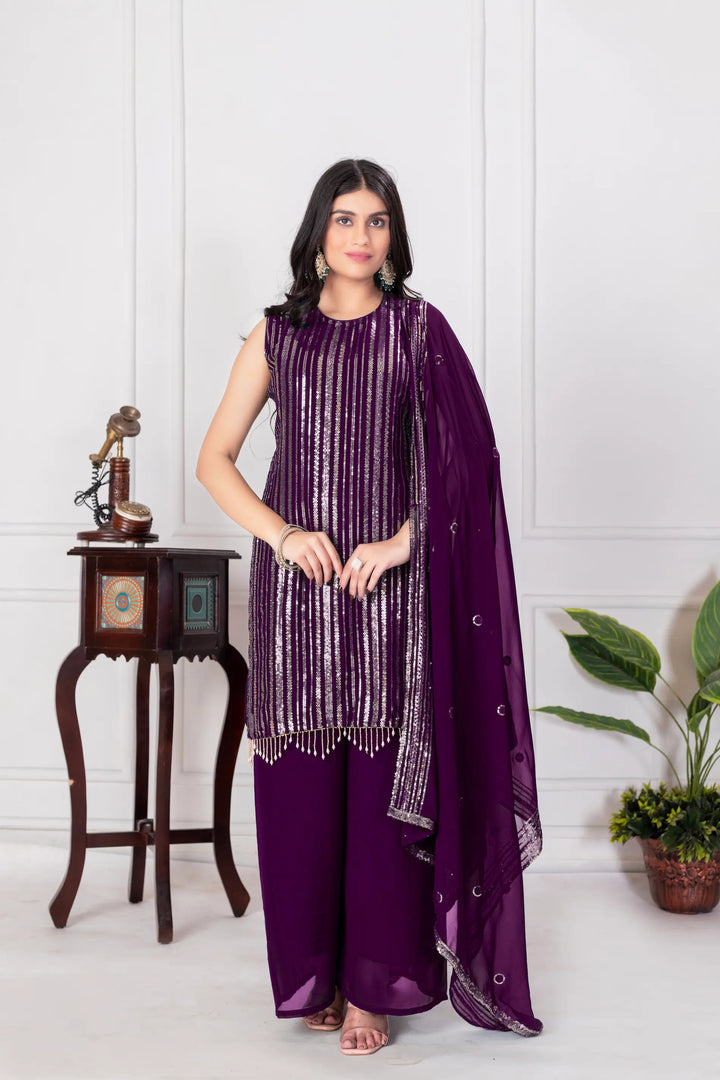 Wine Georgette Sequence Embroidery Work Palazzo Salwar Suit - qivii