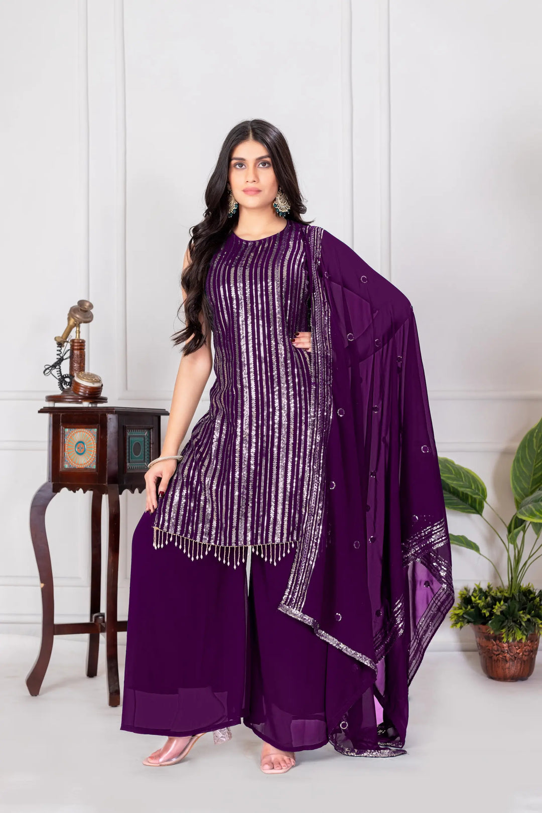 Wine Georgette Sequence Embroidery Work Palazzo Salwar Suit - qivii