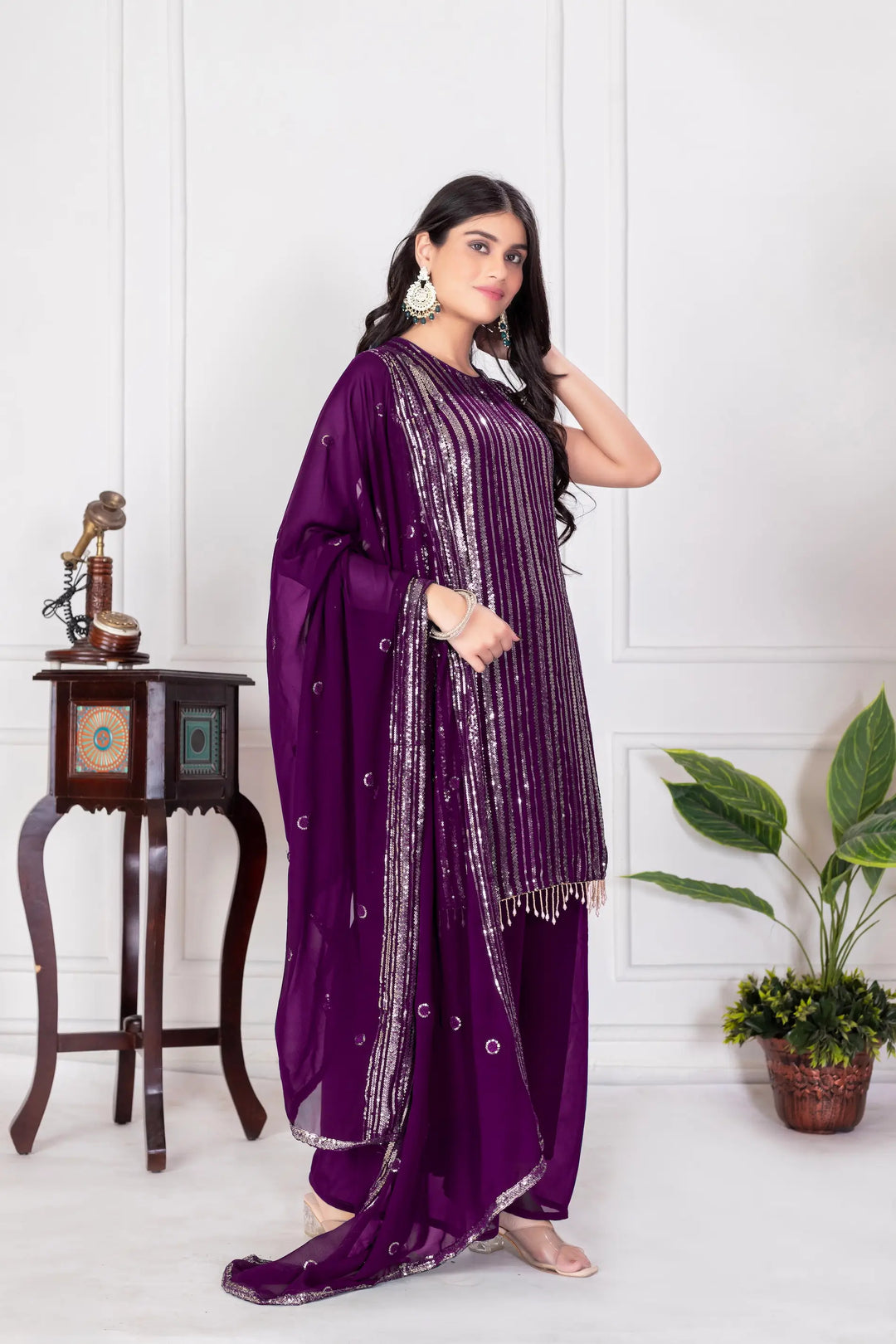 Wine Georgette Sequence Embroidery Work Palazzo Salwar Suit - qivii