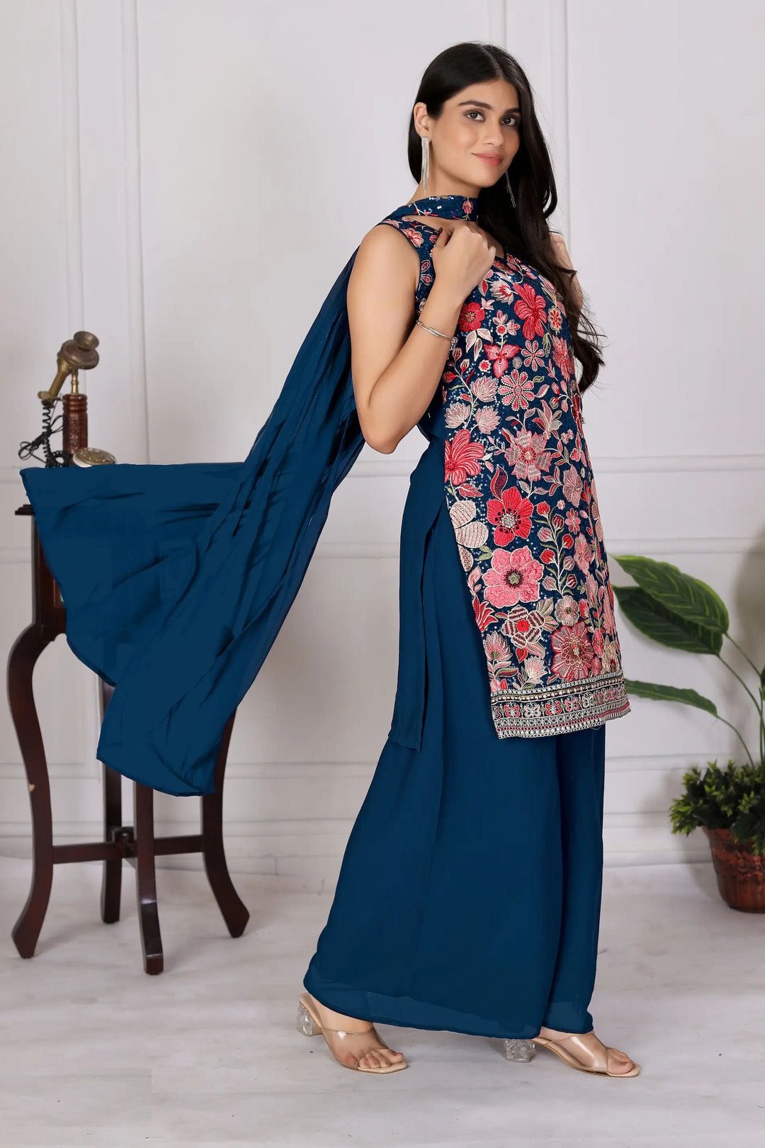 Teal Blue Georgette Palazzo Salwar Suit With Sequence Embroidery Work - qivii