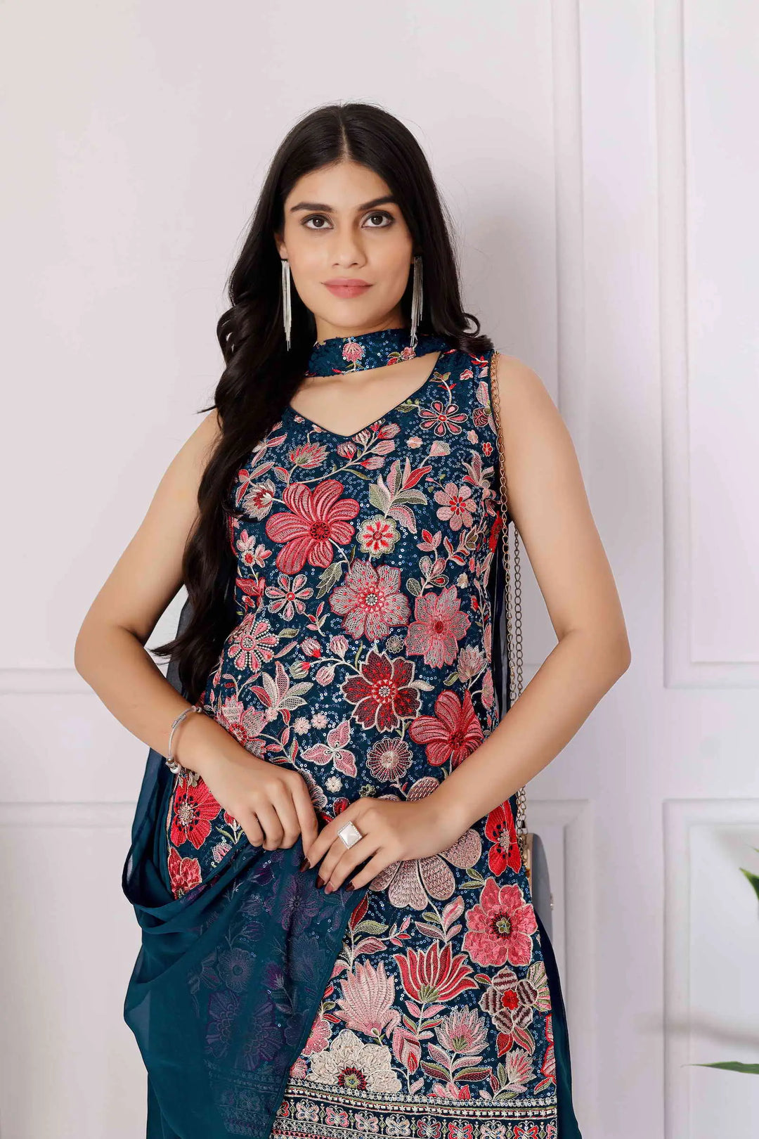 Teal Blue Georgette Palazzo Salwar Suit With Sequence Embroidery Work - qivii