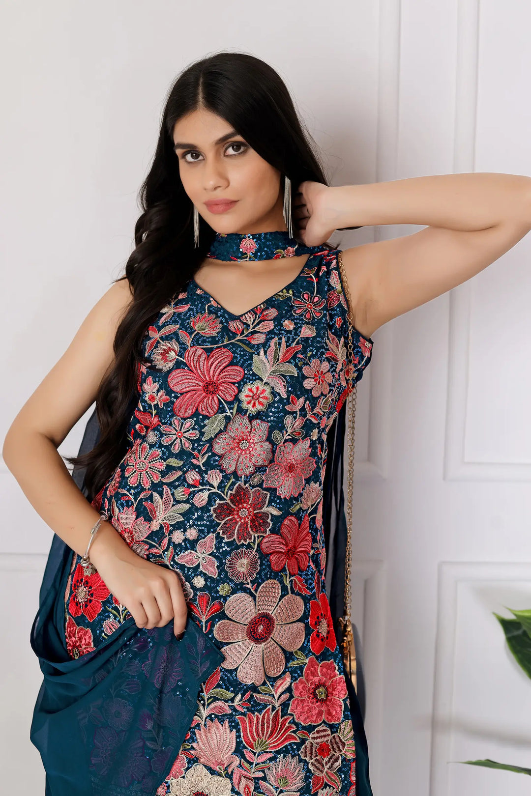 Teal Blue Georgette Palazzo Salwar Suit With Sequence Embroidery Work - qivii